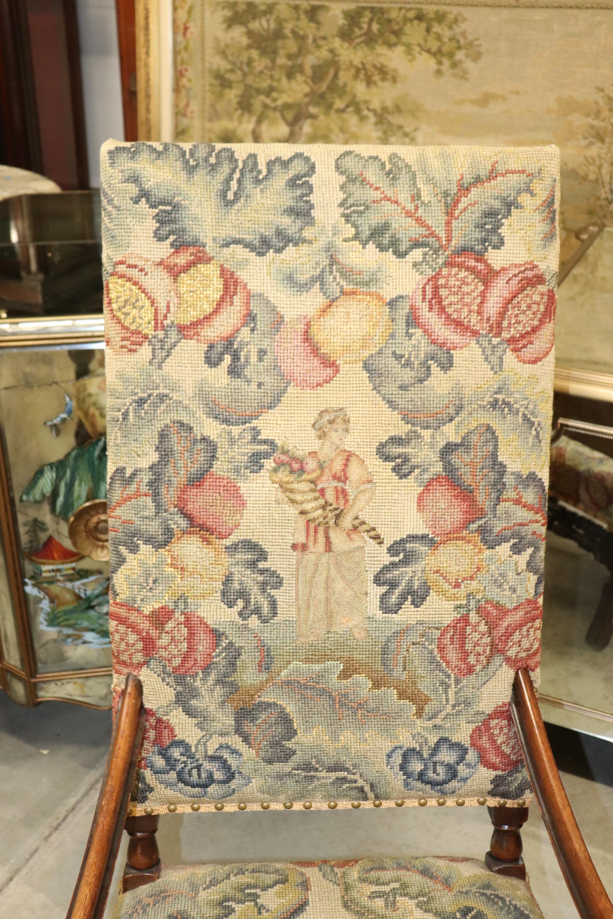 Tall Back Needlepoint and Petit Point Carved Walnut French Louis XV Armchair For Sale 3