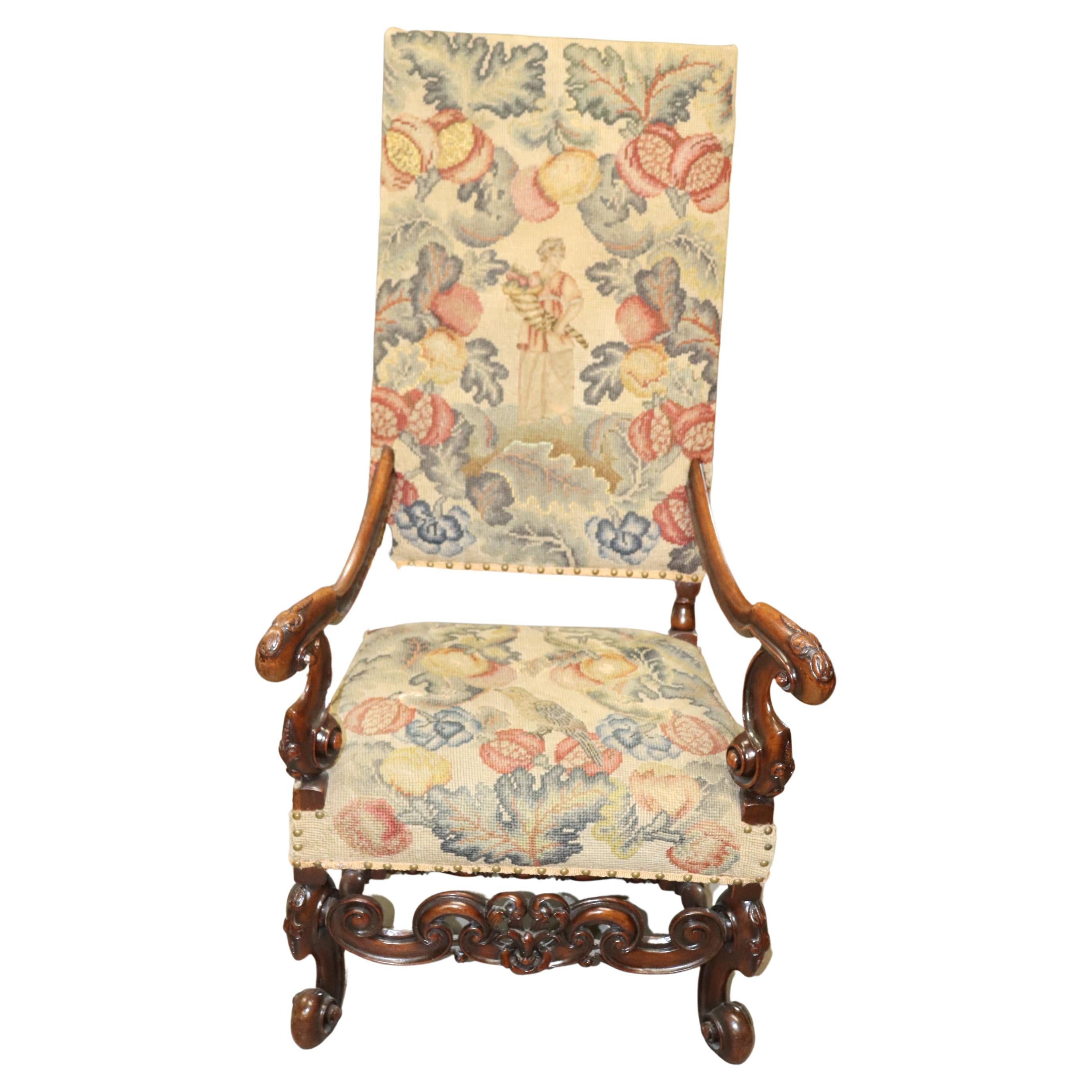 Tall Back Needlepoint and Petit Point Carved Walnut French Louis XV Armchair For Sale