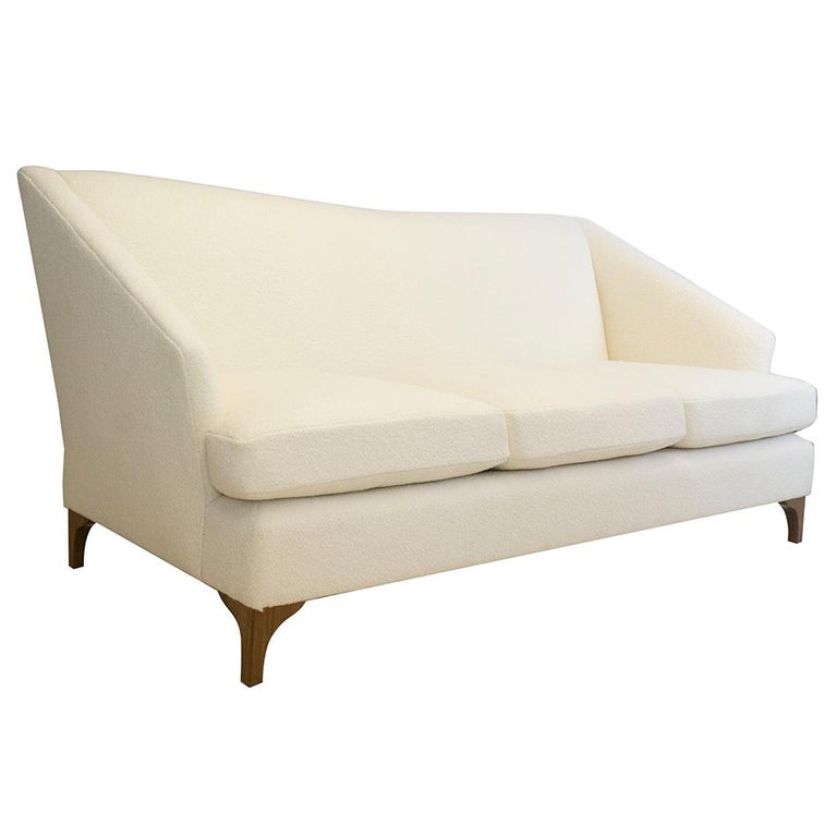 Tall Back Tight Back Winged Sofa with Walnut Legs and Wool Boucle