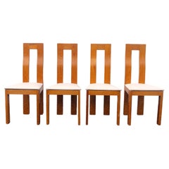 Vintage Tall Back Wooden Chairs After Pierre Cardin With Leather Seats, Set of 4