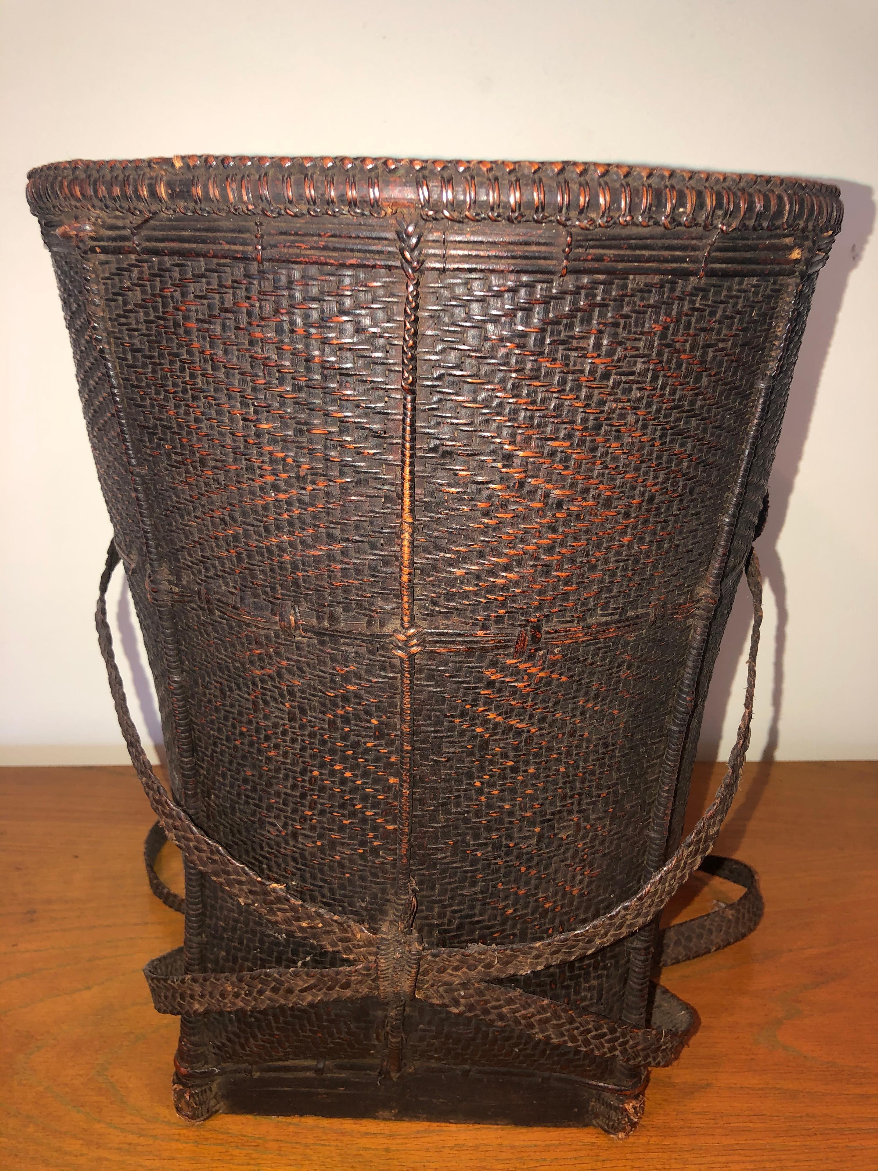 Hand-Woven Tall Backpack Basket from Laos, Tribal object, Early 20th century For Sale