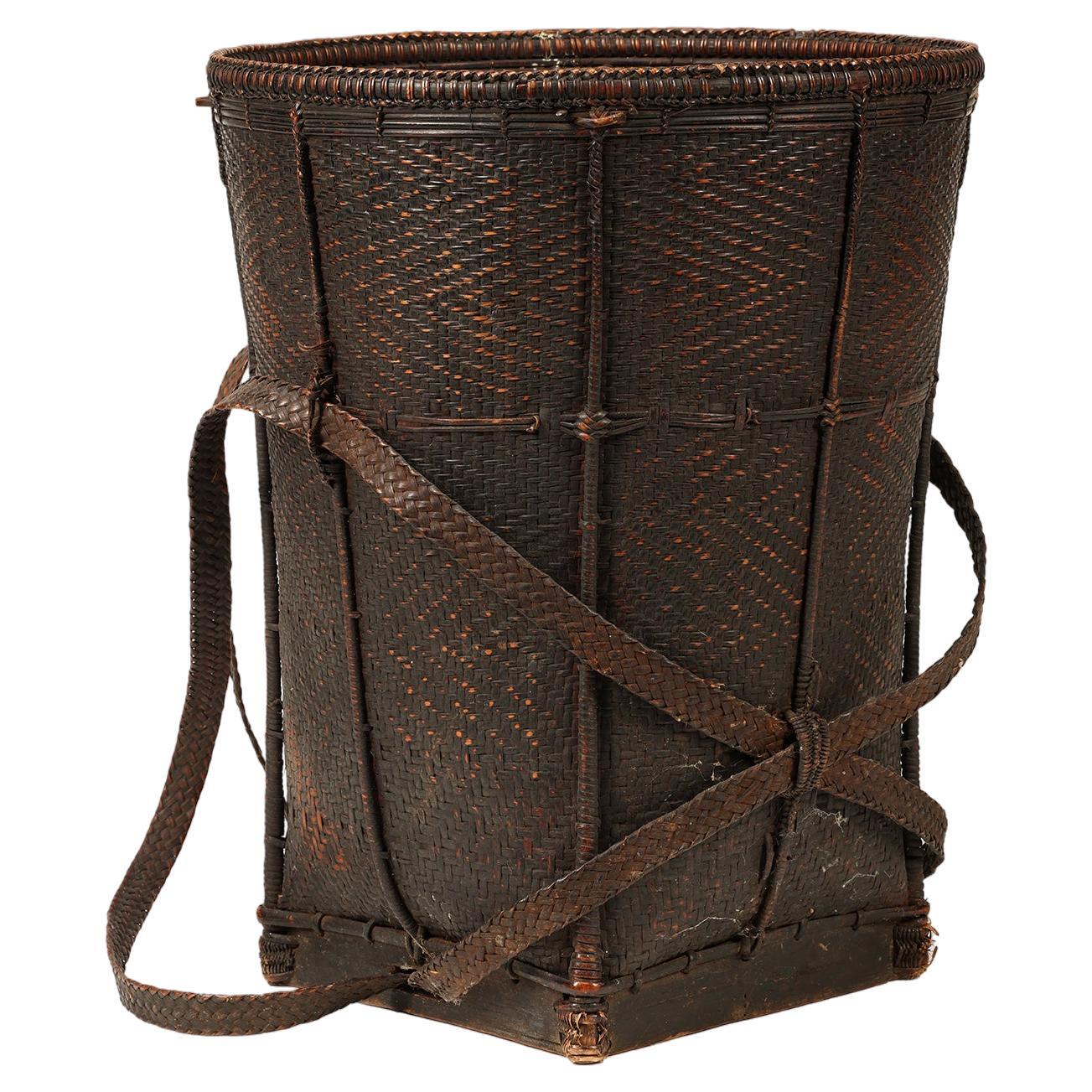 Tall Backpack Basket from Laos, Tribal object, Early 20th century For Sale