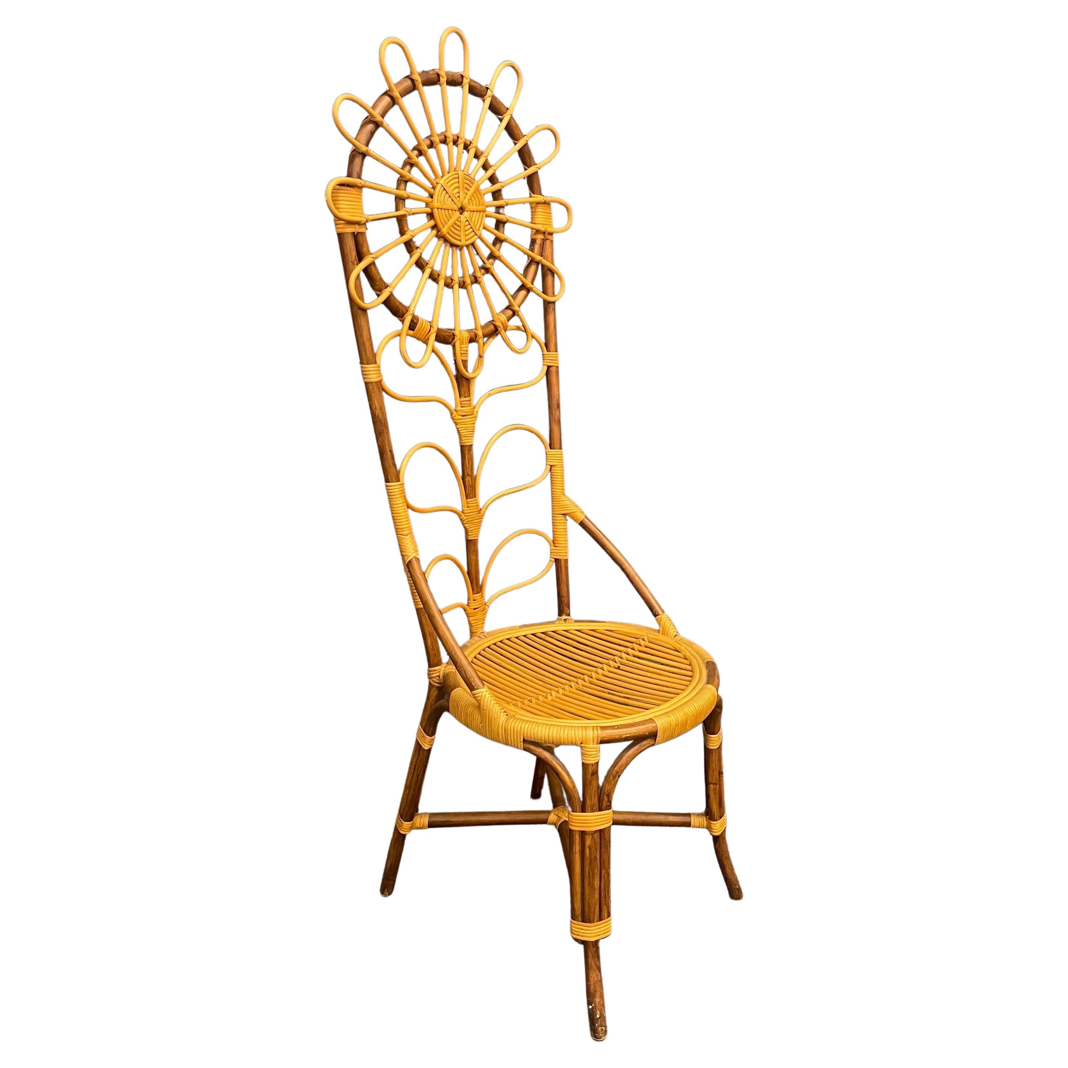 Ein wirklich cooler und gut gearbeiteter hoher Sonnenblumenstuhl aus Bambus, circa 1990er Jahre.  Der Stuhl ist in sehr gutem Vintage-Zustand und  Maße: 24 