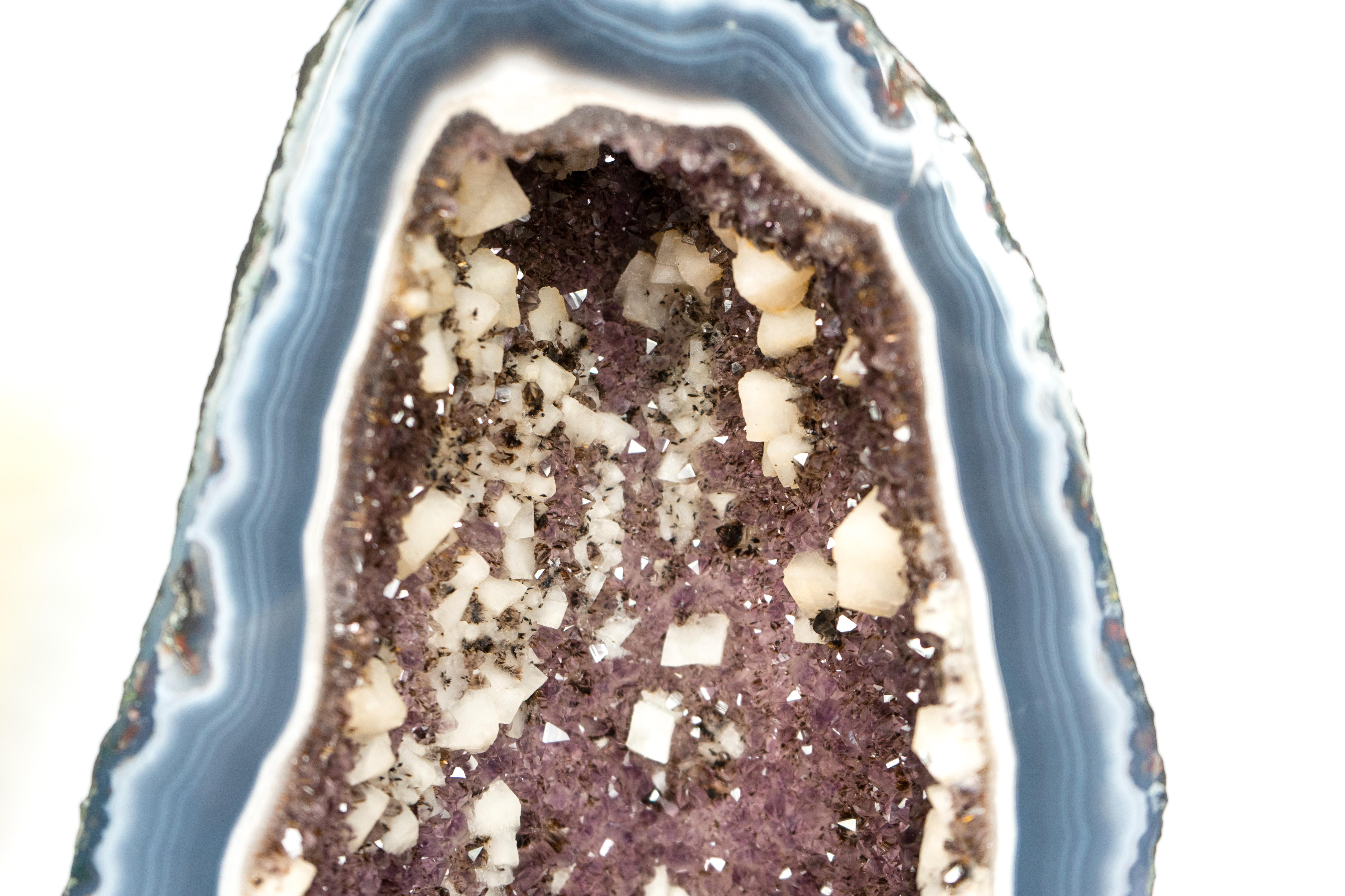 Tall Banded Agate Geode Cathedral with Calcite and Sparkly Lavender Amethyst For Sale 7