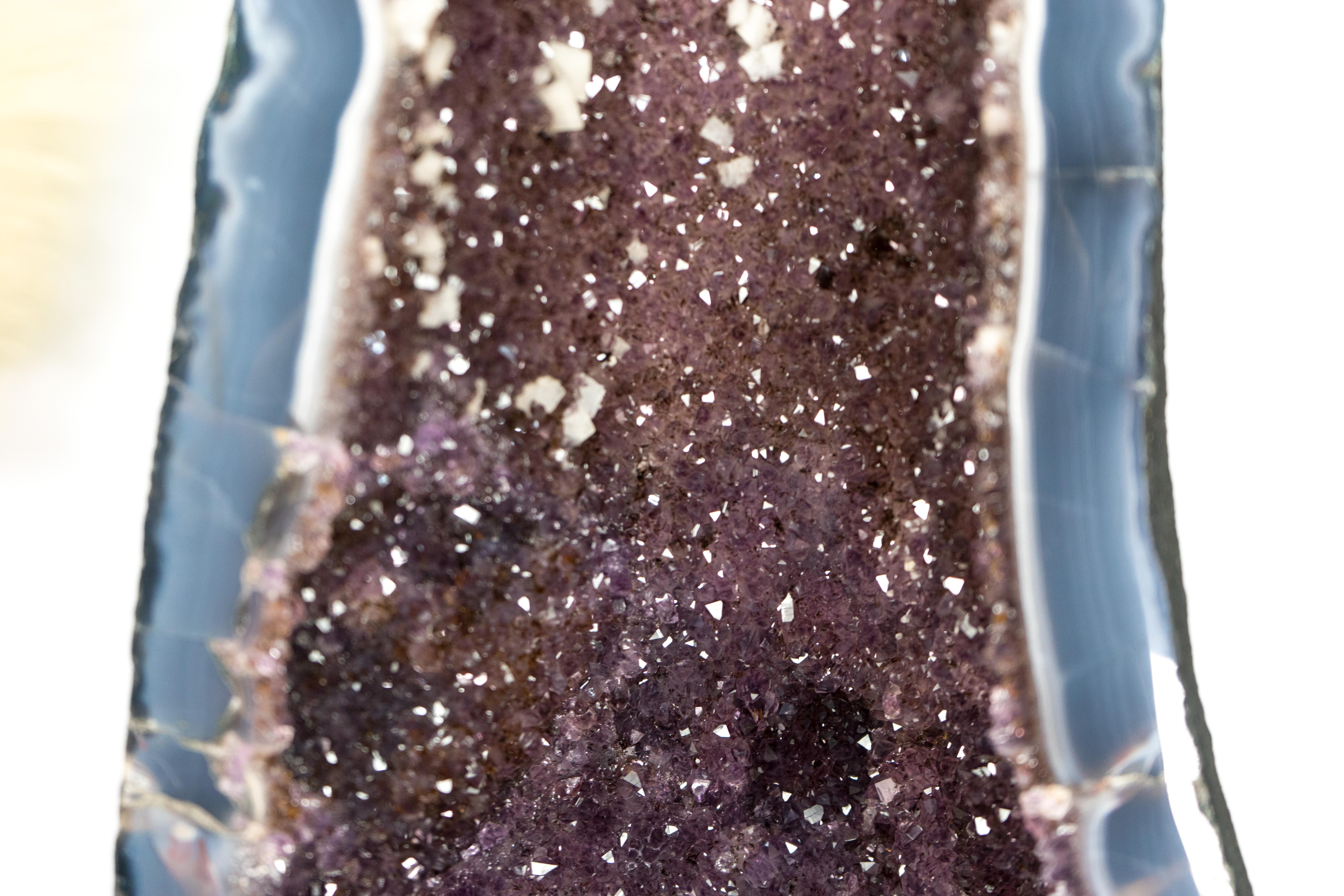 Tall Banded Agate Geode Cathedral with Calcite and Sparkly Lavender Amethyst For Sale 8