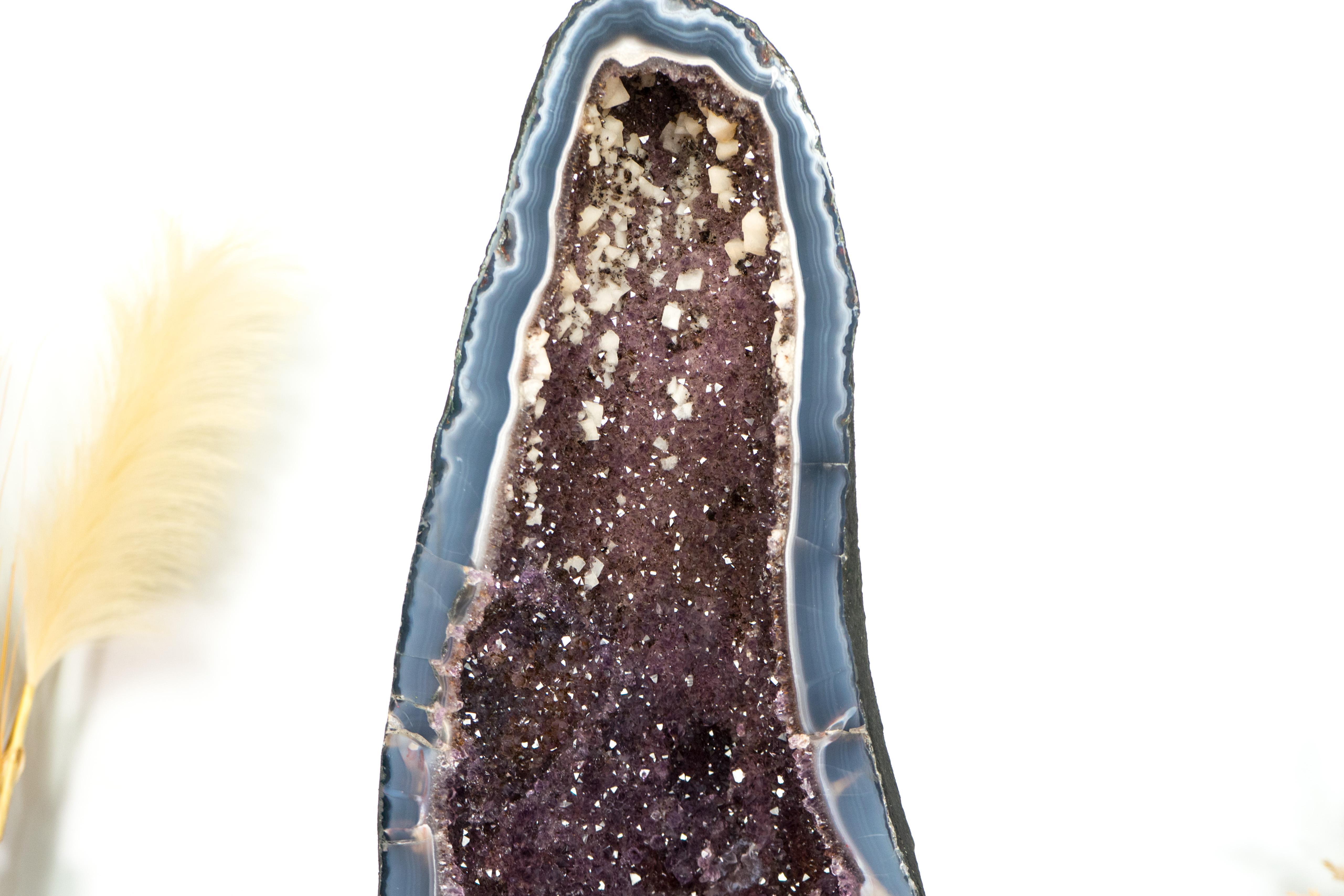 Tall Banded Agate Geode Cathedral with Calcite and Sparkly Lavender Amethyst For Sale 9