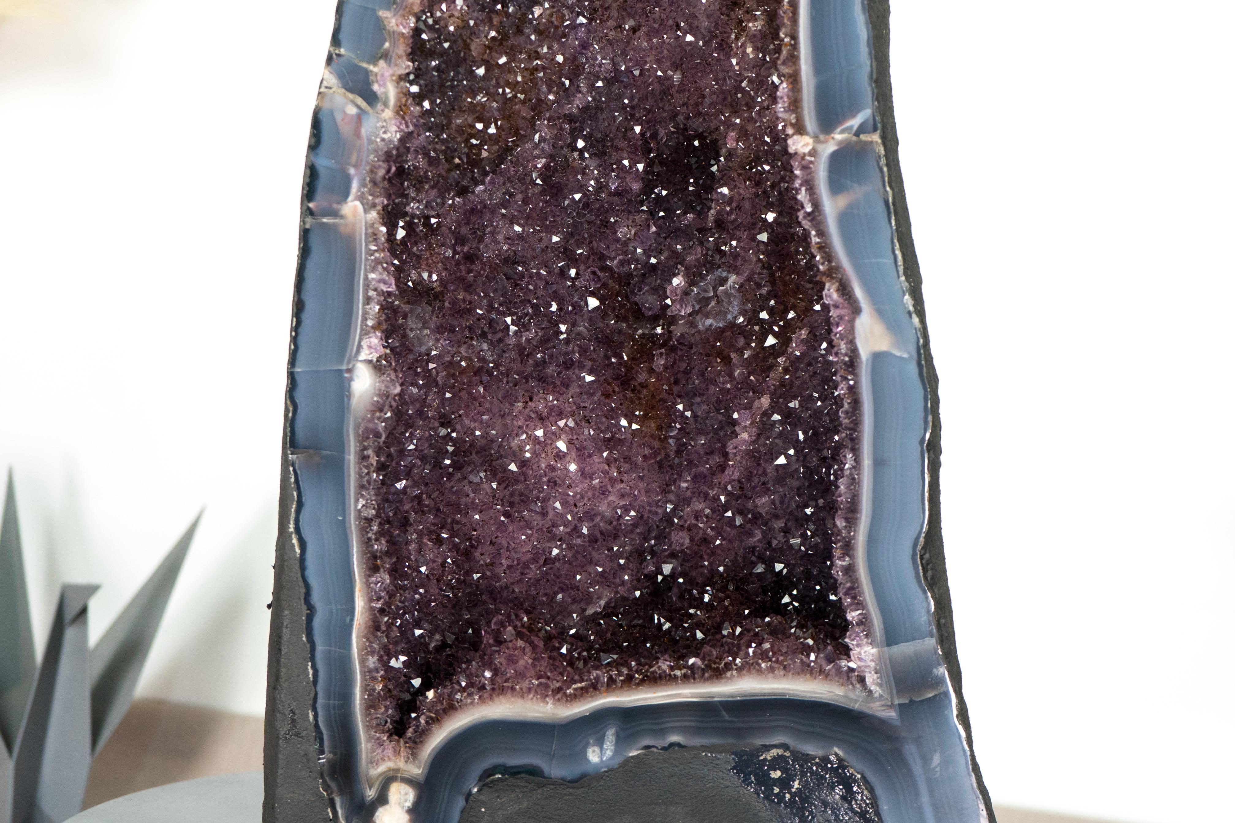 Tall Banded Agate Geode Cathedral with Calcite and Sparkly Lavender Amethyst For Sale 10