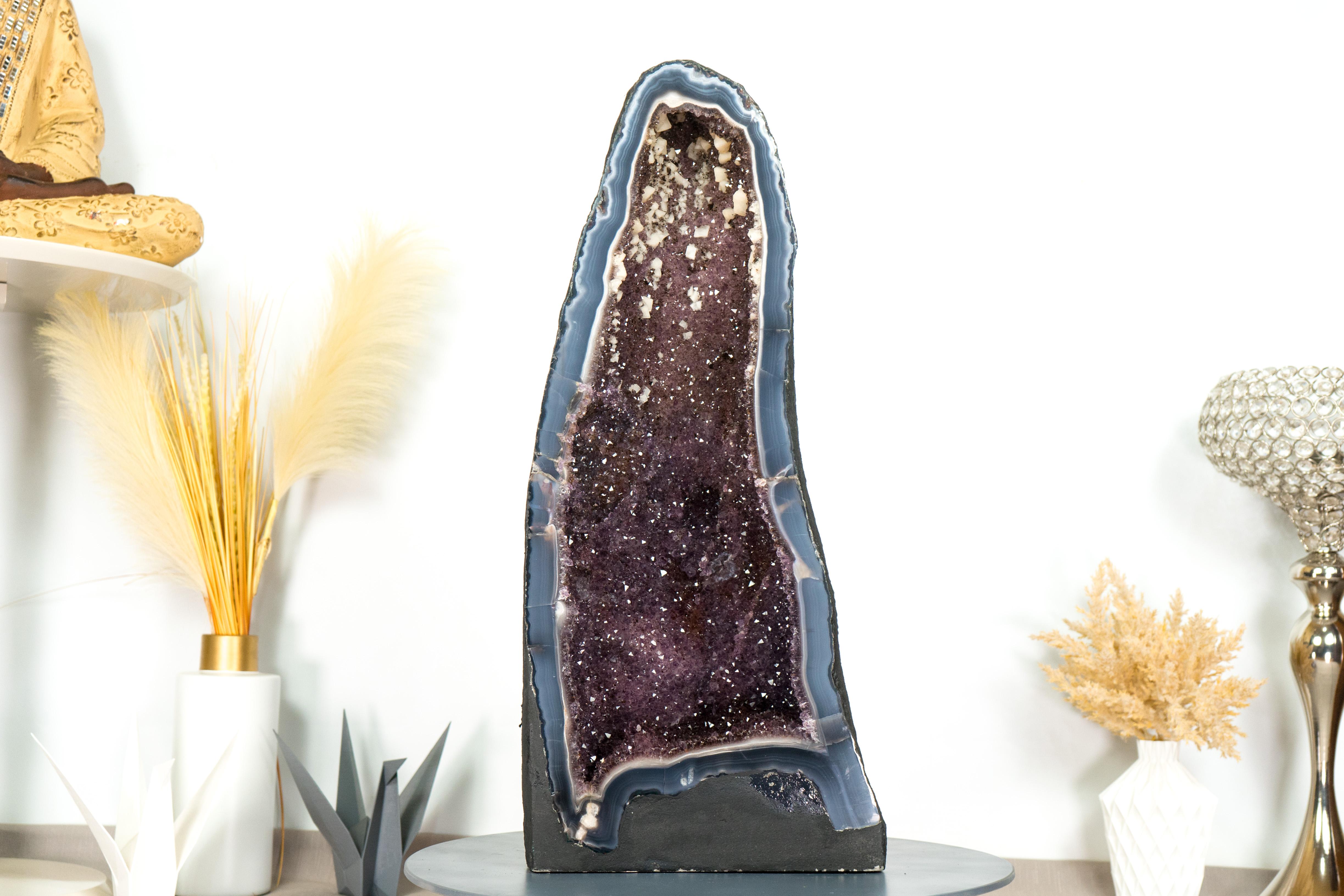 Tall Banded Agate Geode Cathedral with Calcite and Sparkly Lavender Amethyst For Sale 11