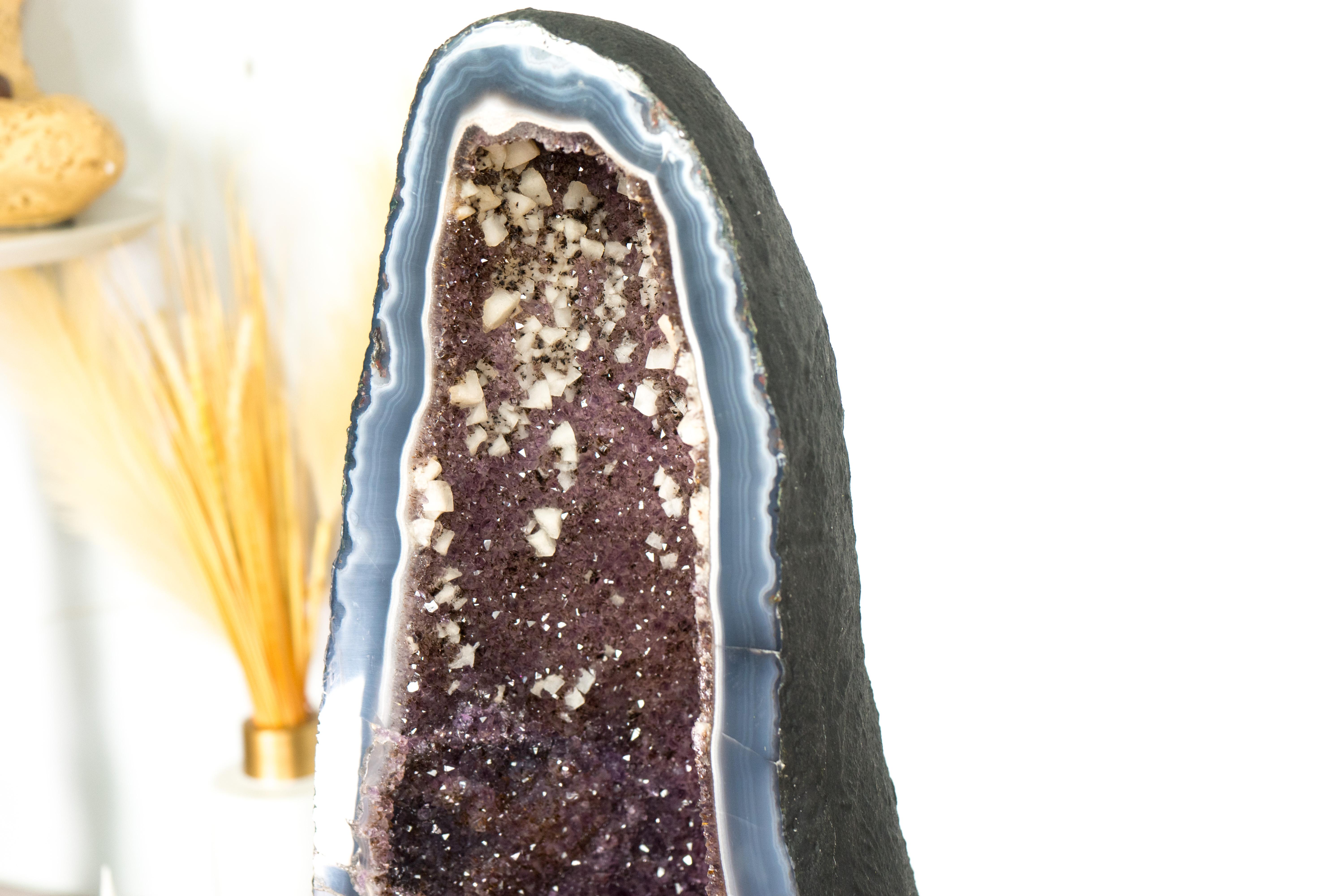 Contemporary Tall Banded Agate Geode Cathedral with Calcite and Sparkly Lavender Amethyst For Sale