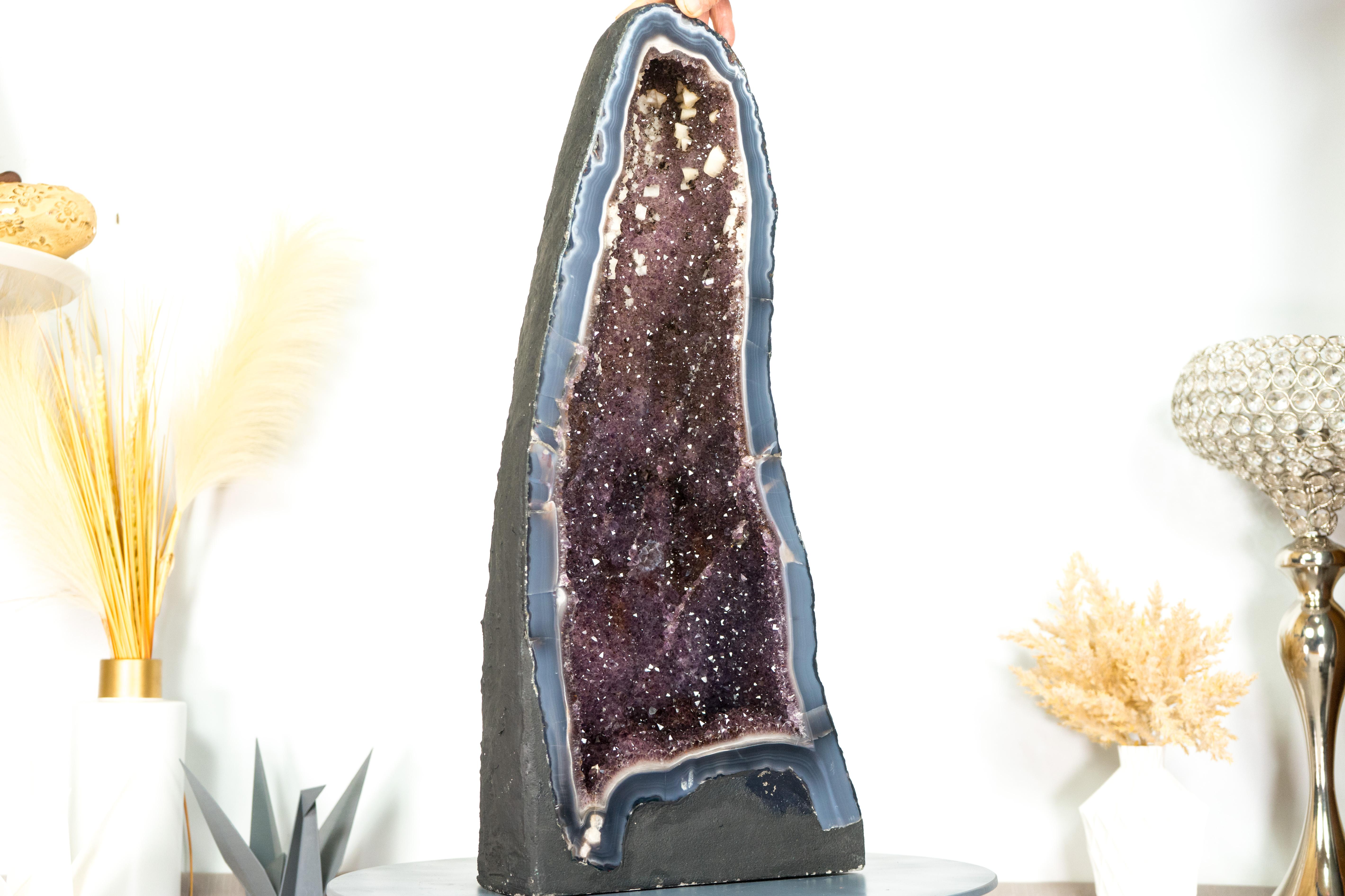 Tall Banded Agate Geode Cathedral with Calcite and Sparkly Lavender Amethyst For Sale 1