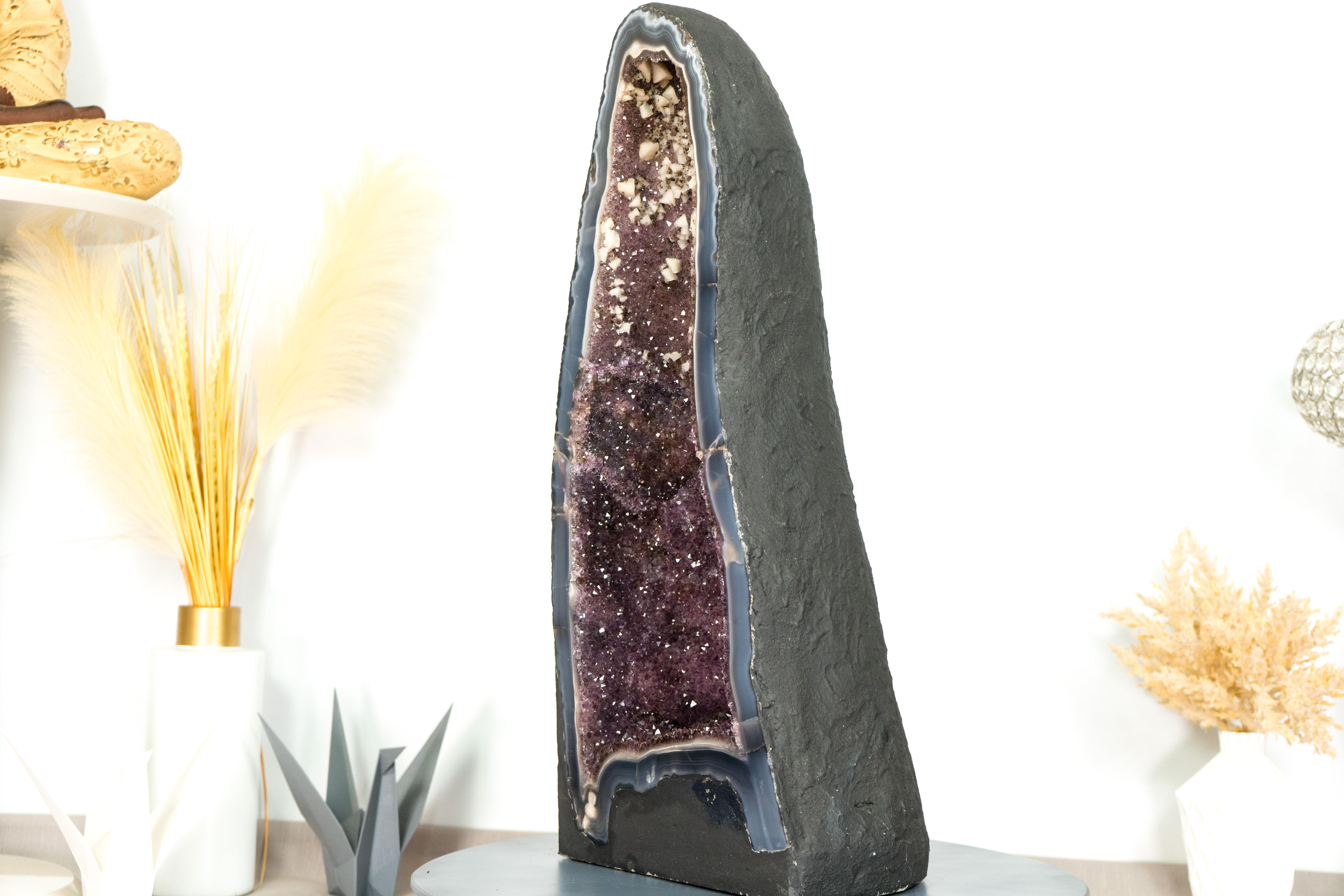 Tall Banded Agate Geode Cathedral with Calcite and Sparkly Lavender Amethyst For Sale 2