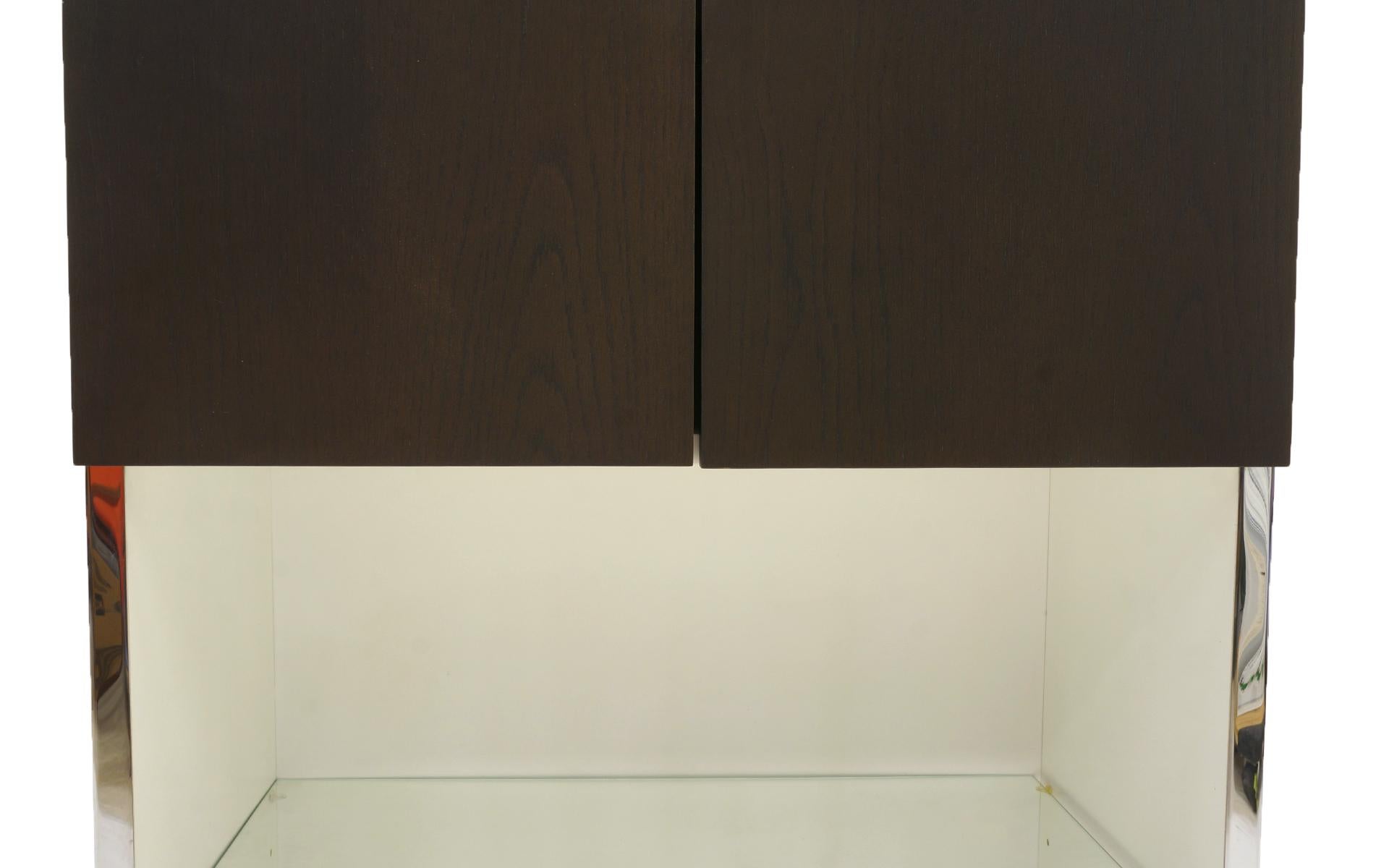 Ebonized Tall Bar / Storage Cabinet by Milo Baughman.  White,  Chrome Trim, Ebony Doors.