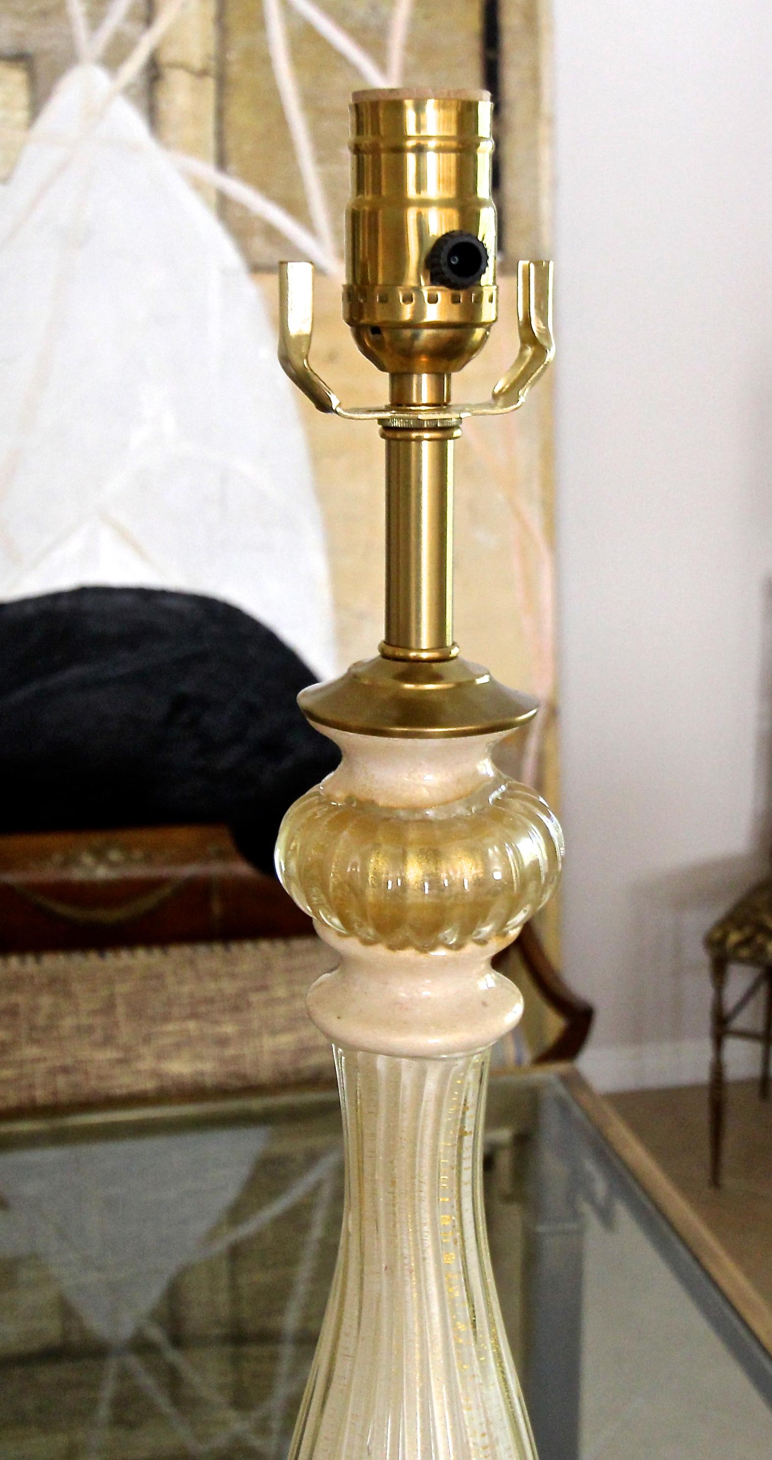Brass Tall Murano Italian Glass Cream & Gold Table Lamp For Sale