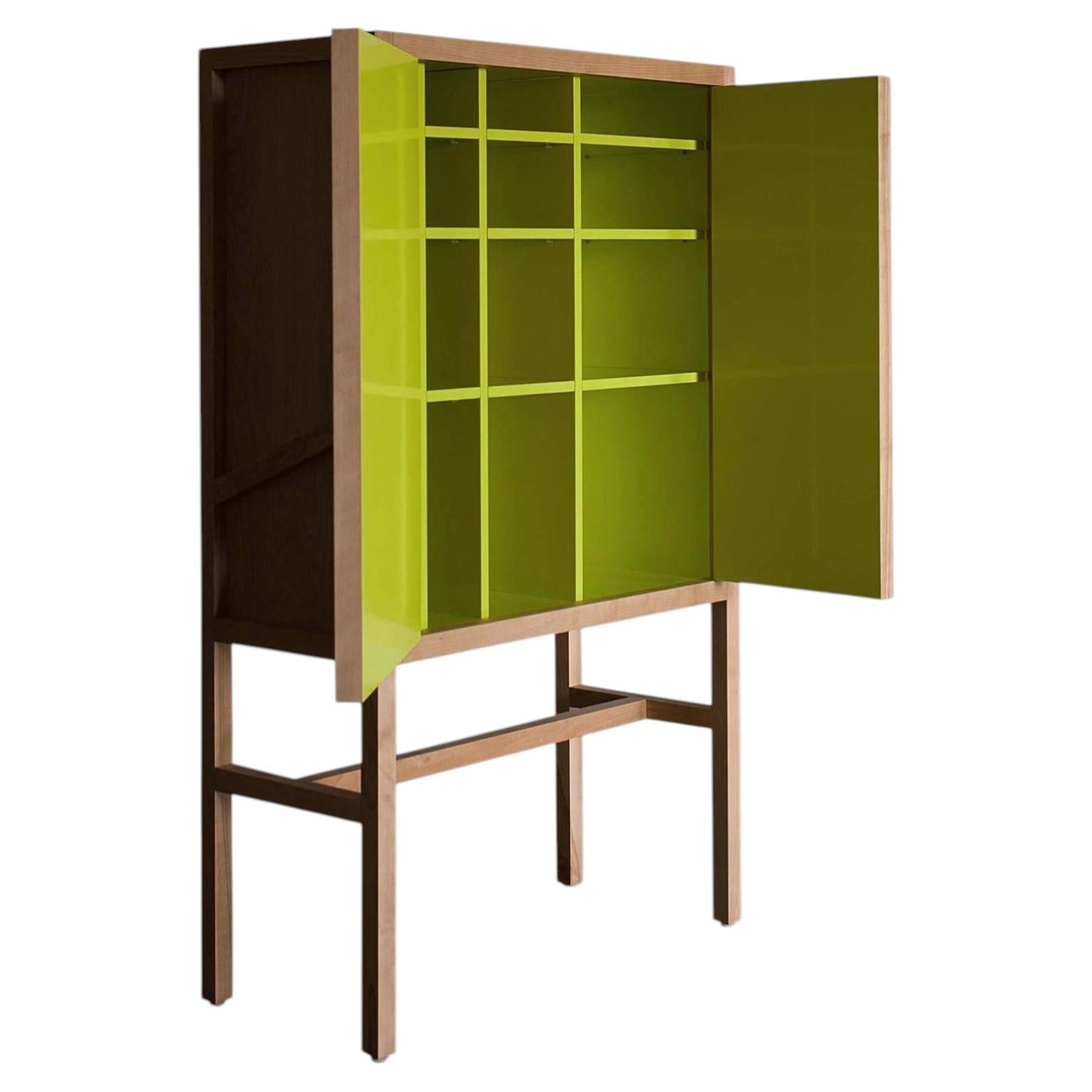 Tall Birch Credenza with Green Lacquer Interior — Modern Storage Cabinet, Handma For Sale