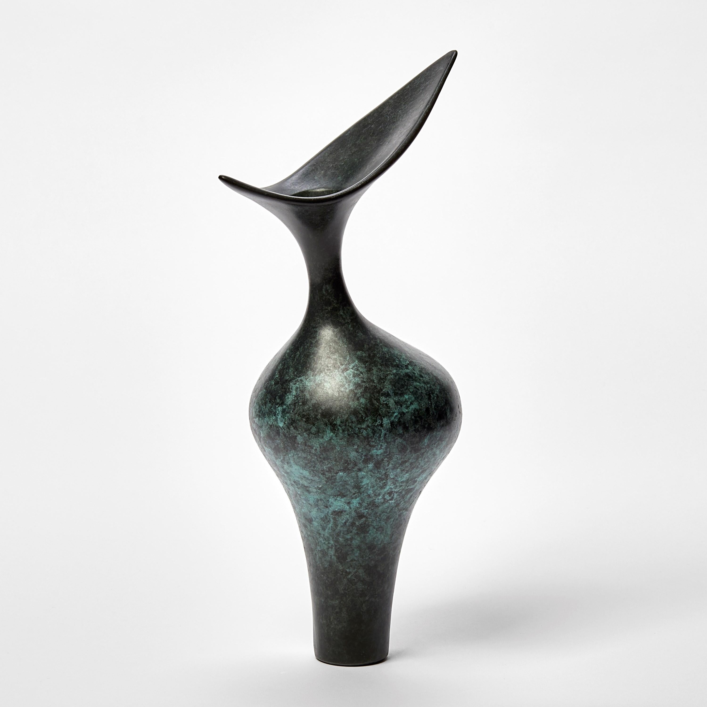 Organic Modern Tall Bird Form, dark grey & jade abstract bronze sculpture by Vivienne Foley For Sale