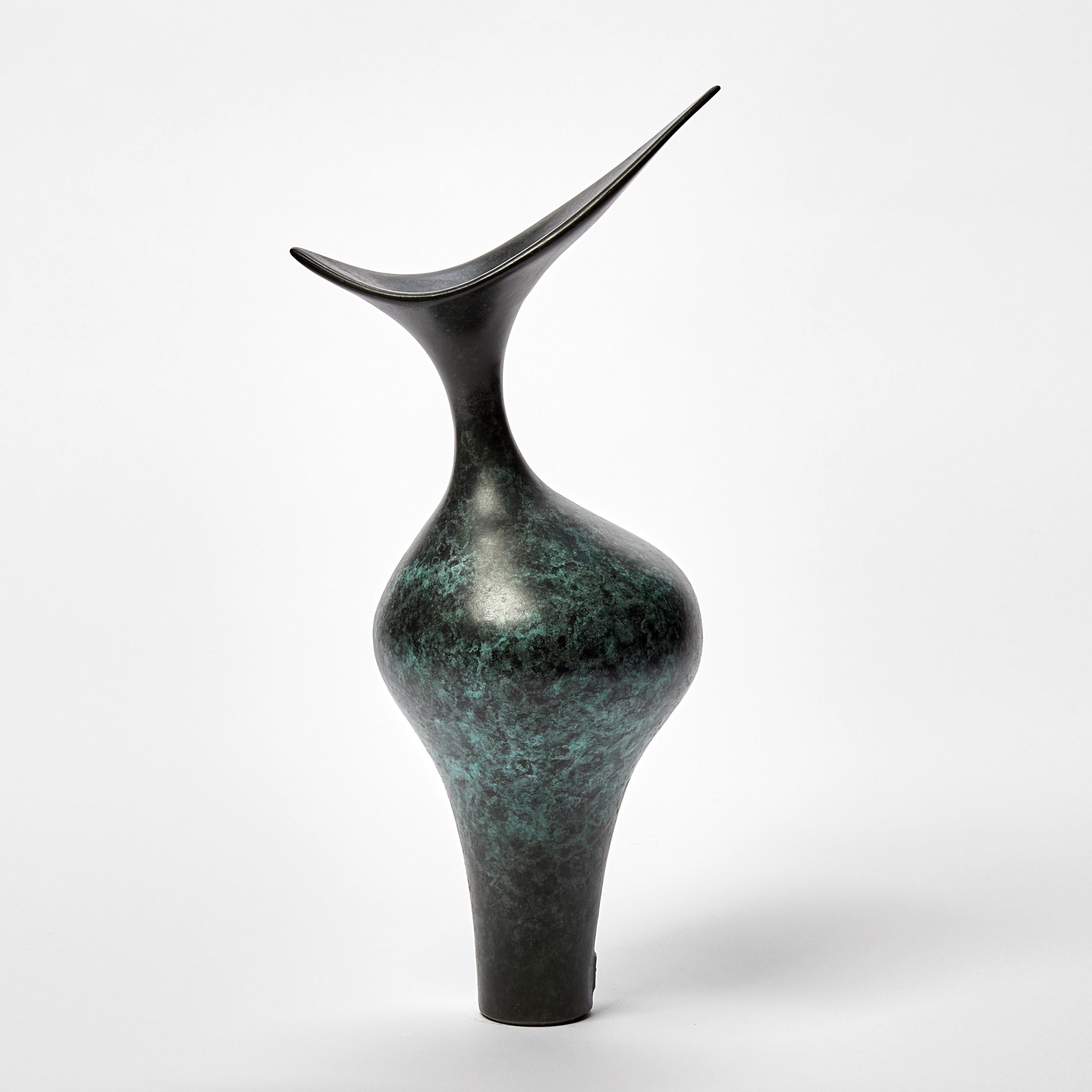 British Tall Bird Form, dark grey & jade abstract bronze sculpture by Vivienne Foley For Sale