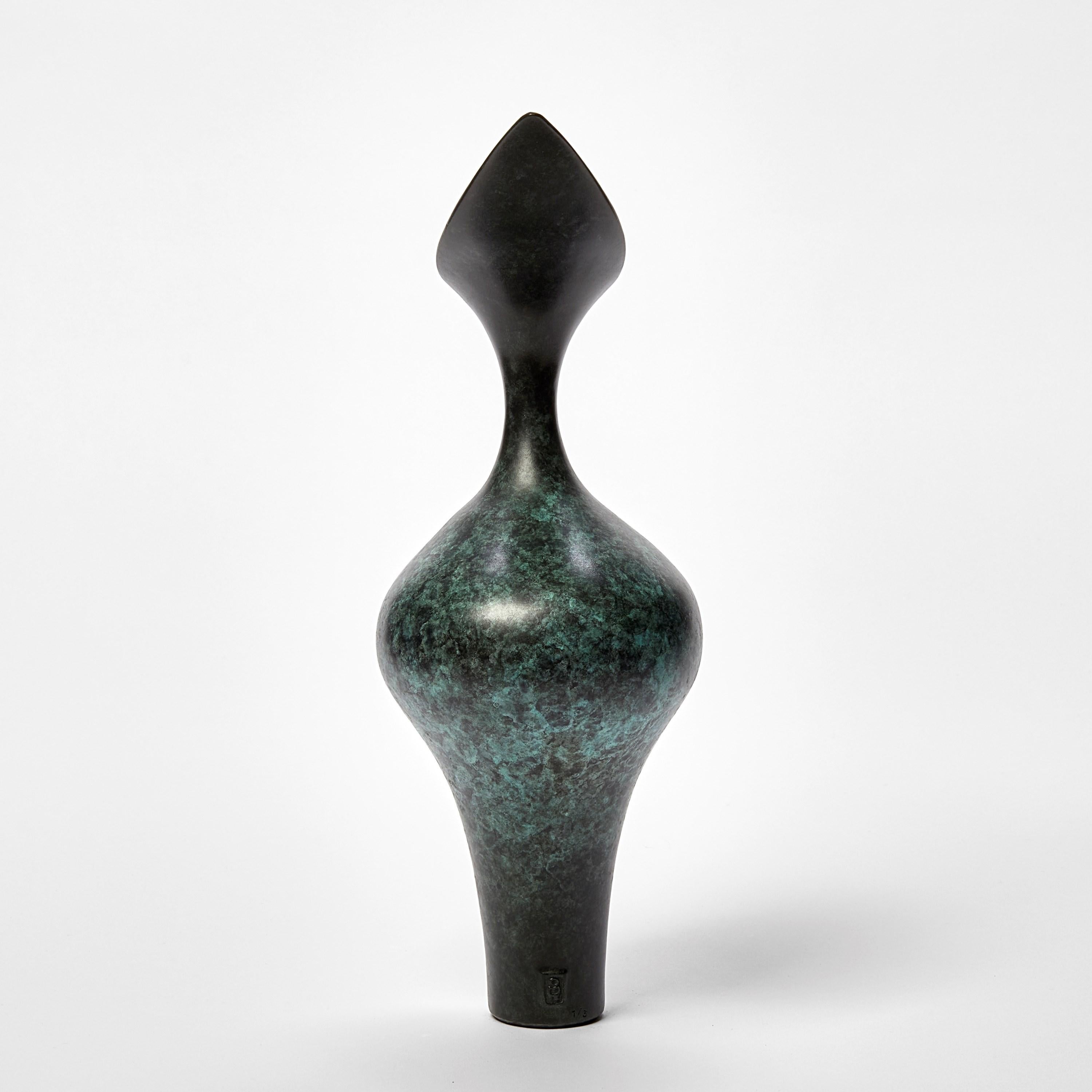 Cast Tall Bird Form, dark grey & jade abstract bronze sculpture by Vivienne Foley For Sale