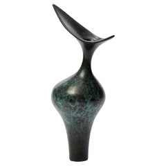 Tall Bird Form, dark grey & jade abstract bronze sculpture by Vivienne Foley