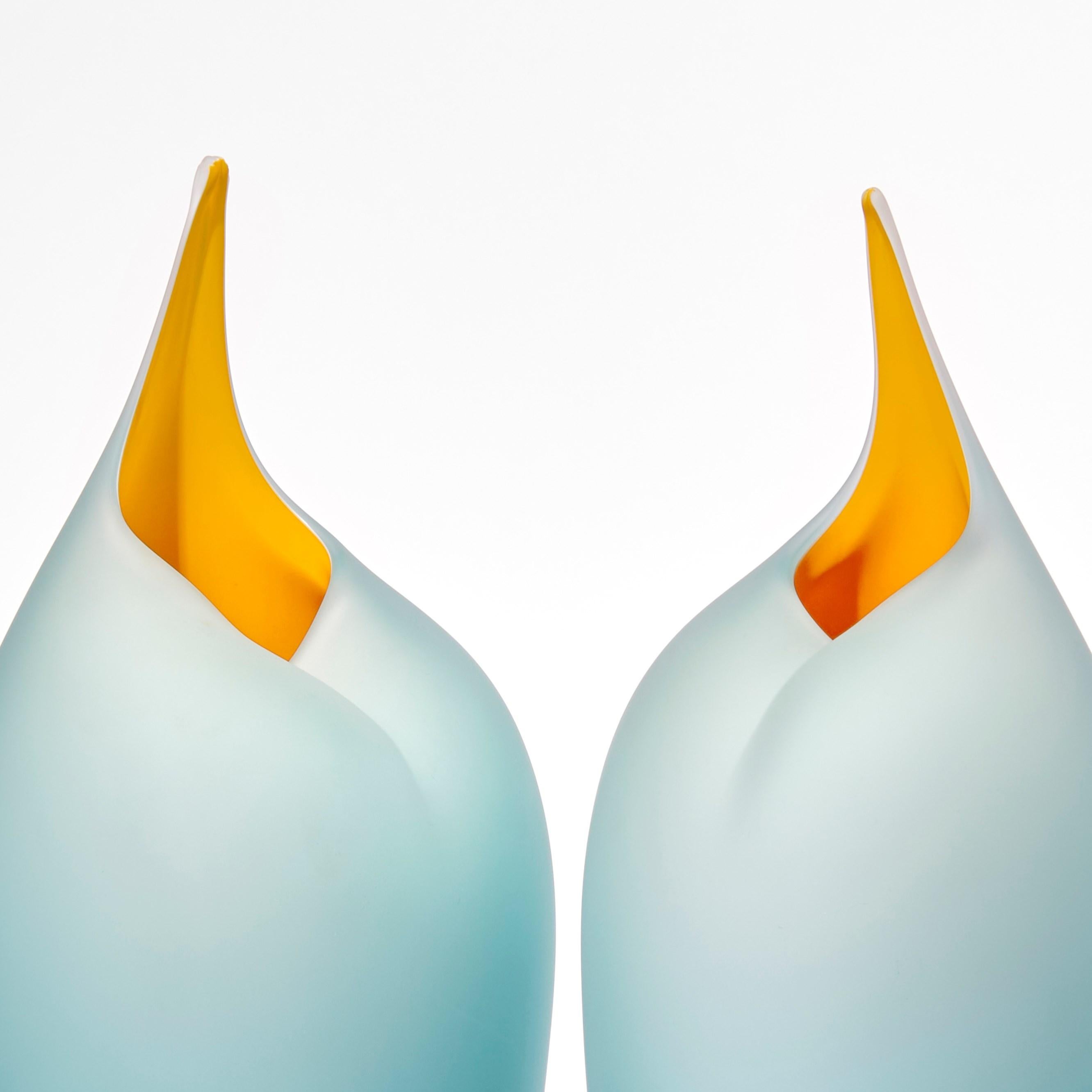 Organic Modern Tall Birds in Teal & Yellow, Pair of Glass Sculptures by Bruce Marks