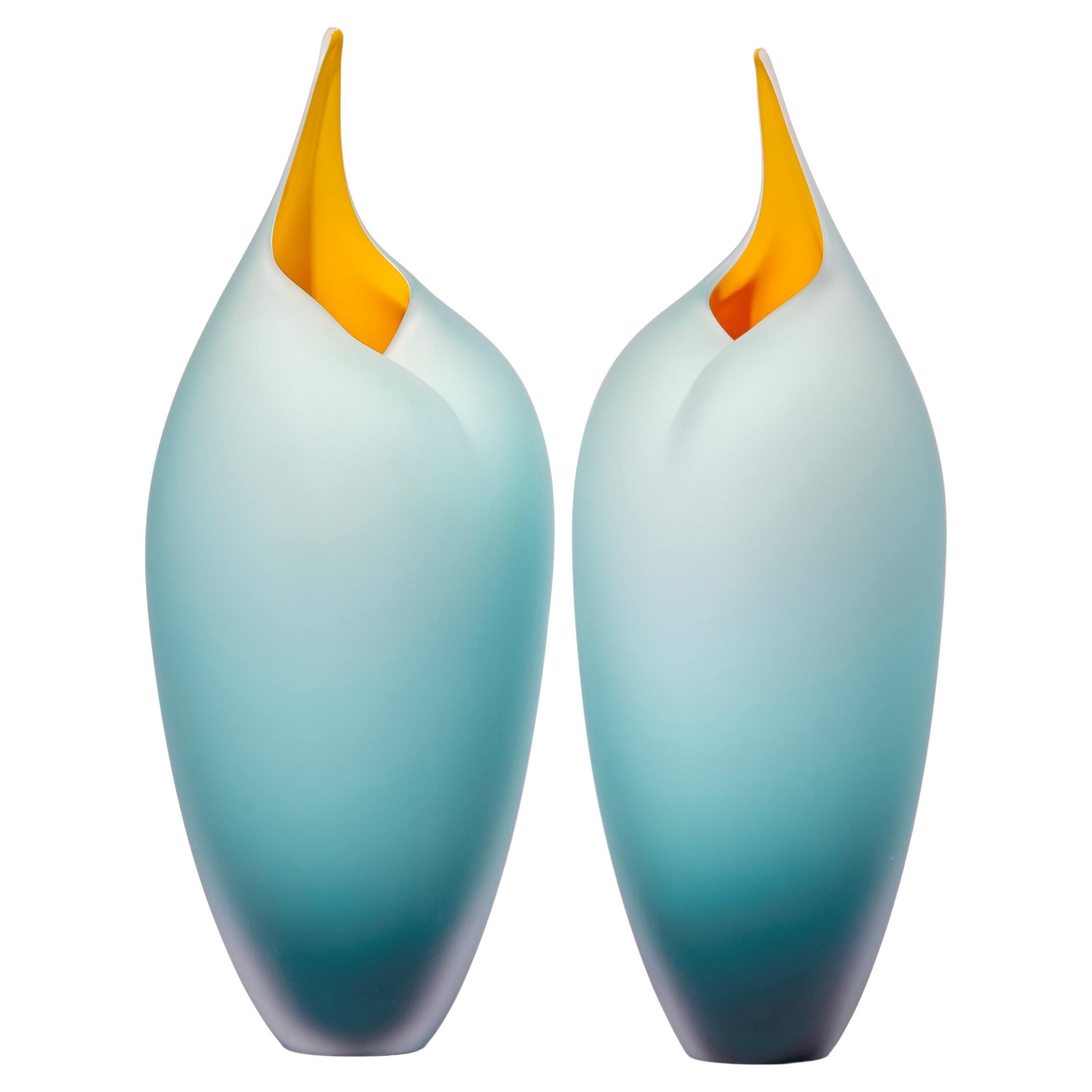 Tall Birds in Teal & Yellow, Pair of Glass Sculptures by Bruce Marks