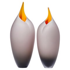 Tall Birds in Warm Grey & Yellow, a Pair of Glass Sculptures by Bruce Marks