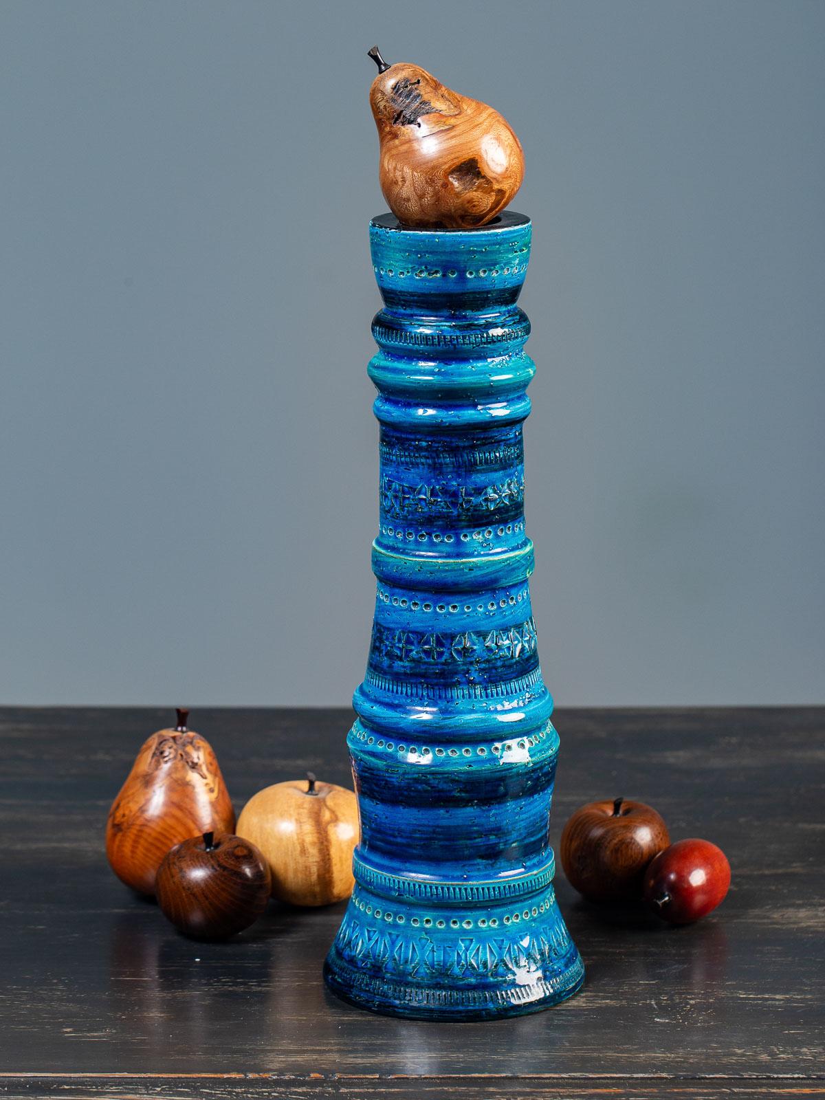 A rare Bitossi Rimini blue vintage Italian ceramic vase circa 1960. Designed by Aldo Londi this vase is unique because of its tapered shape. The top measures 2 5/8