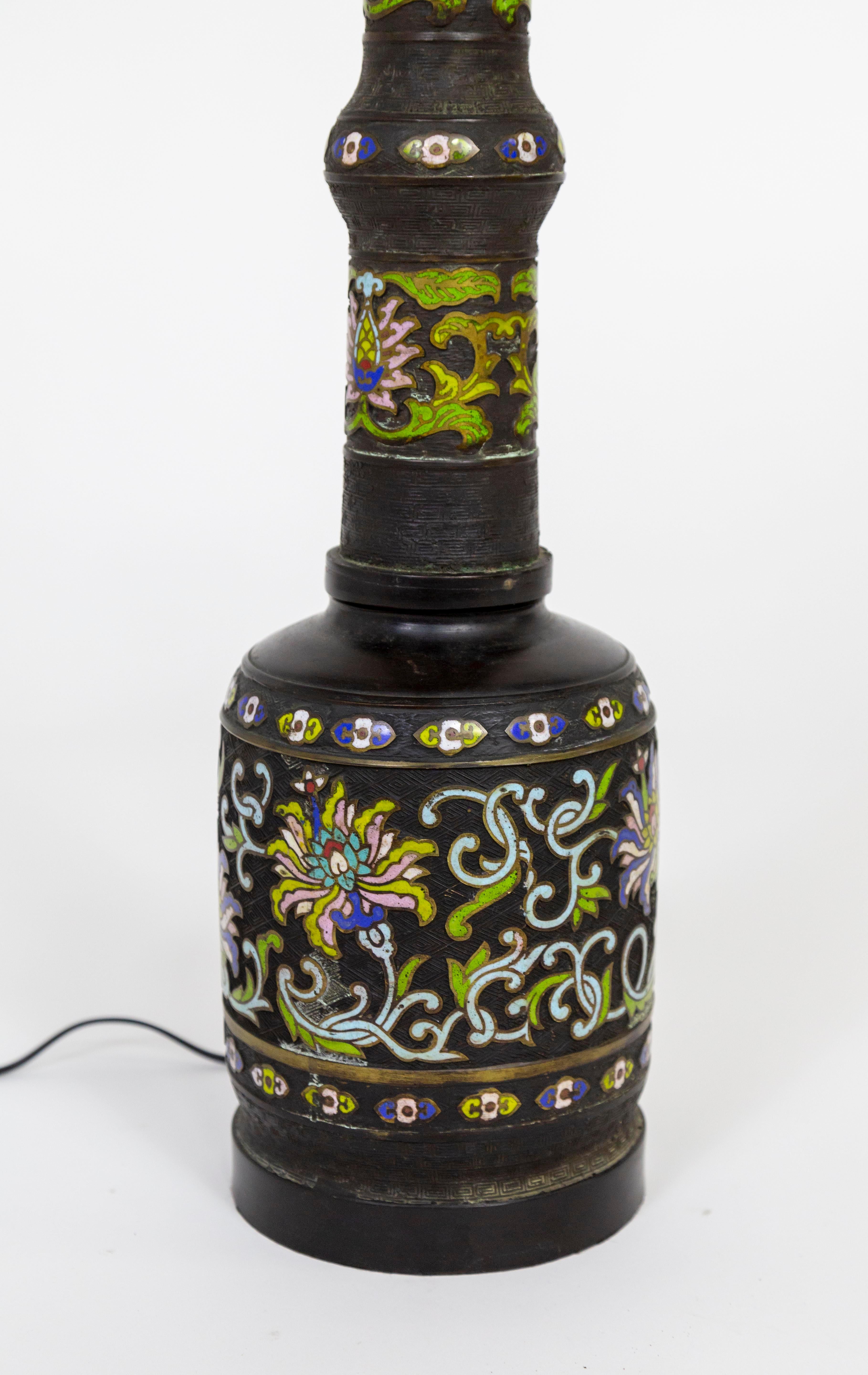 Tall Black Champleve Enamel Bronze Lamp W/ Polychrome Flower Design In Good Condition For Sale In San Francisco, CA