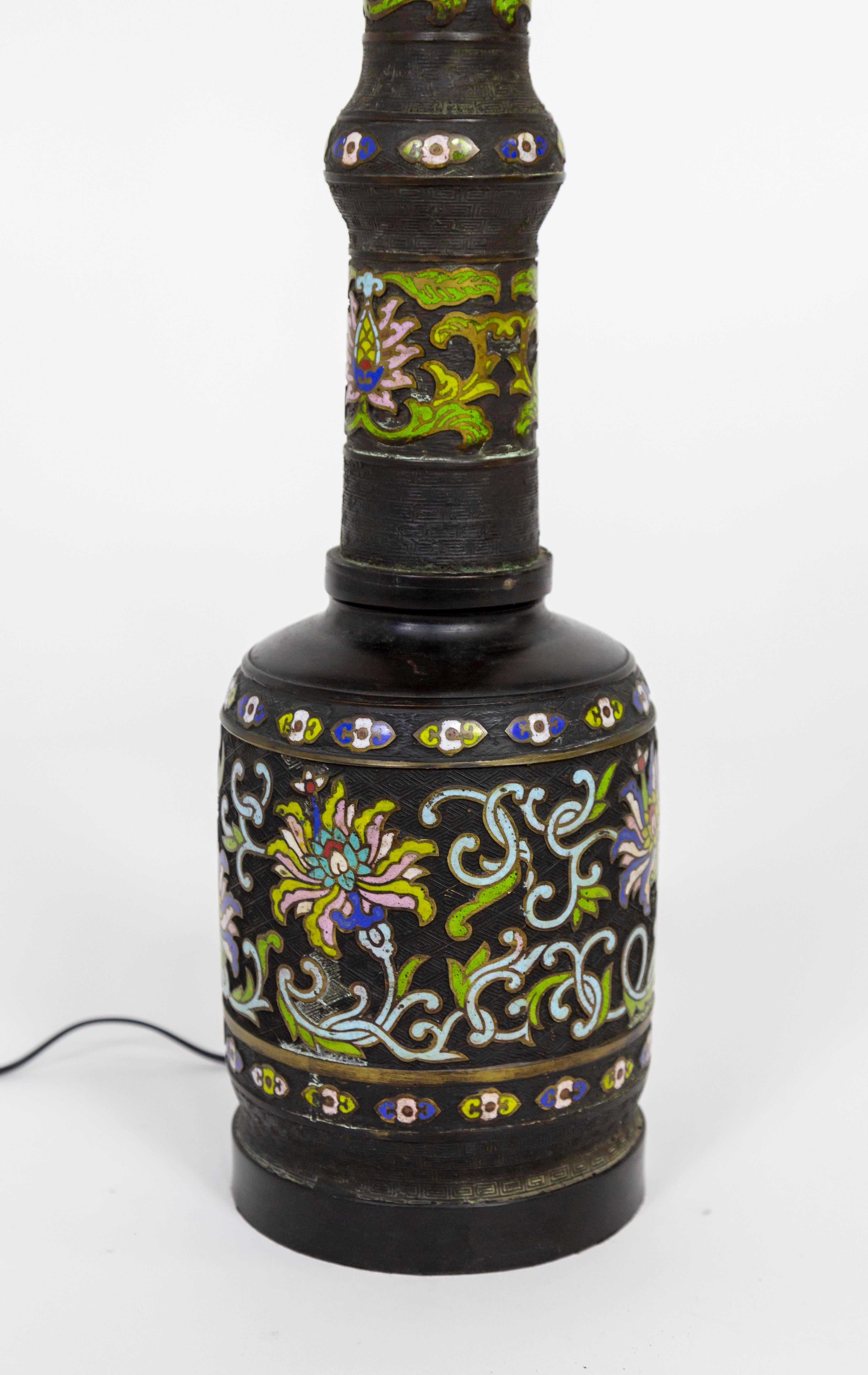 Tall Black Champleve Enamel Bronze Lamp W/ Polychrome Flower Design In Good Condition For Sale In San Francisco, CA