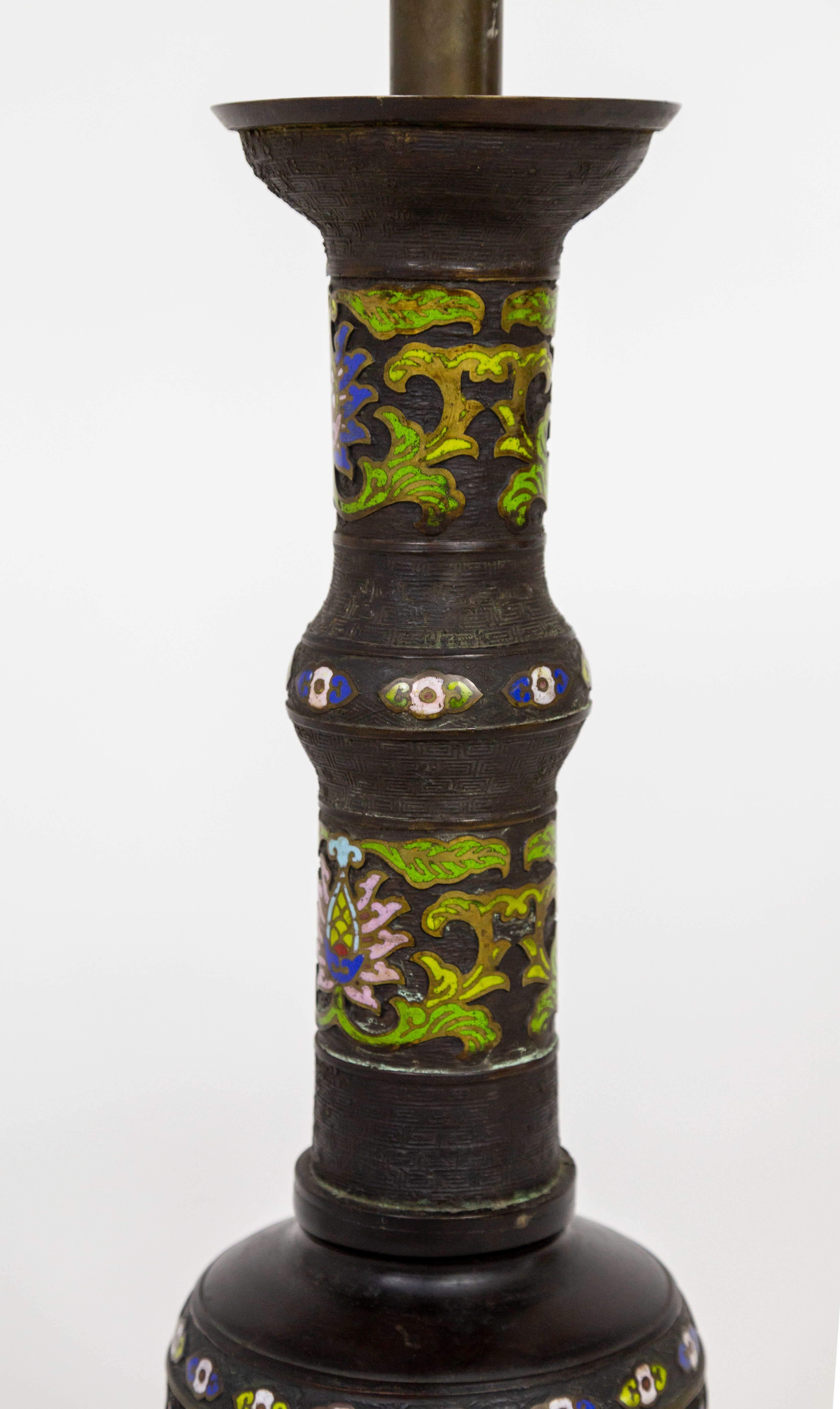 Early 20th Century Tall Black Champleve Enamel Bronze Lamp W/ Polychrome Flower Design For Sale