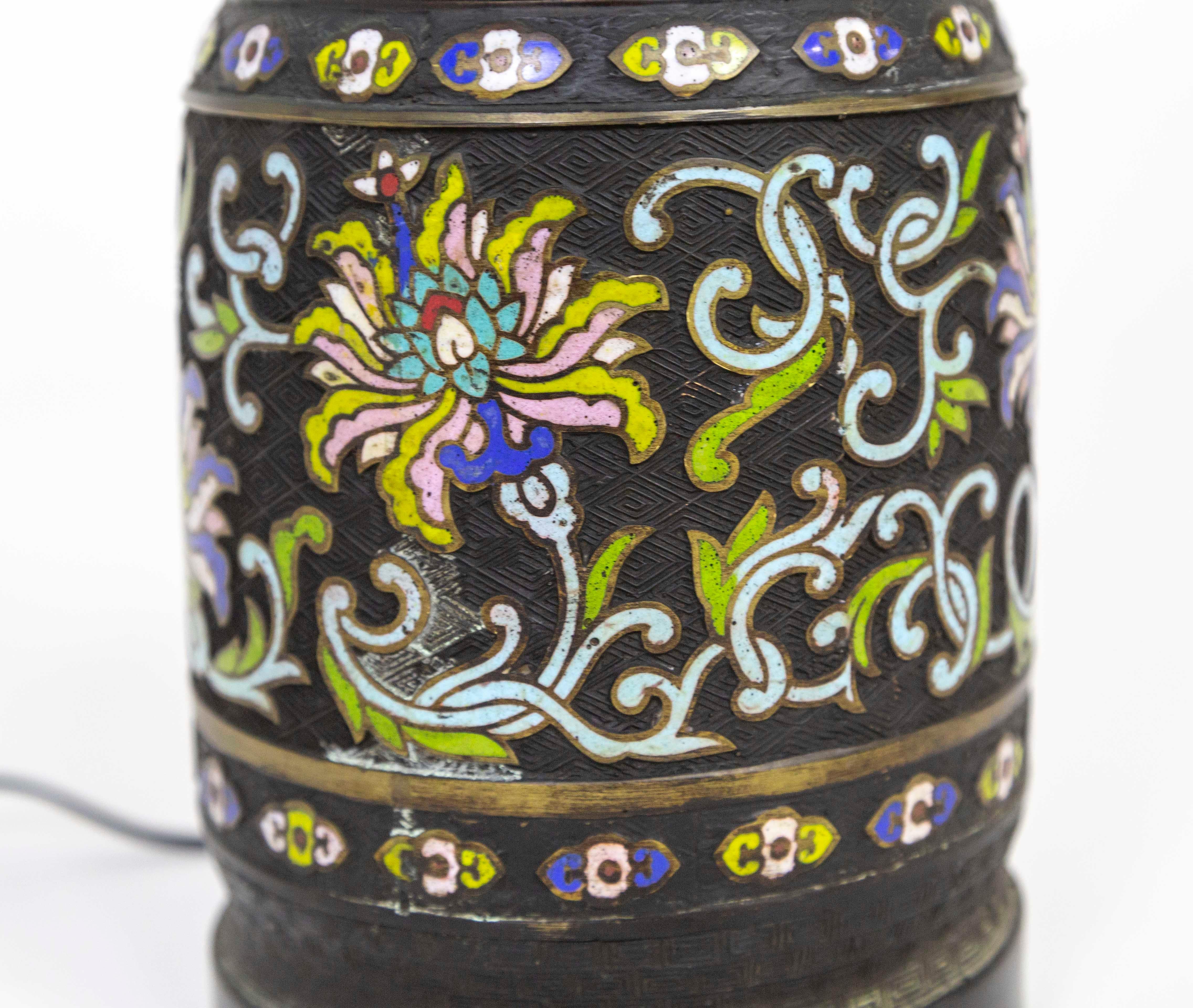 Brass Tall Black Champleve Enamel Bronze Lamp W/ Polychrome Flower Design For Sale