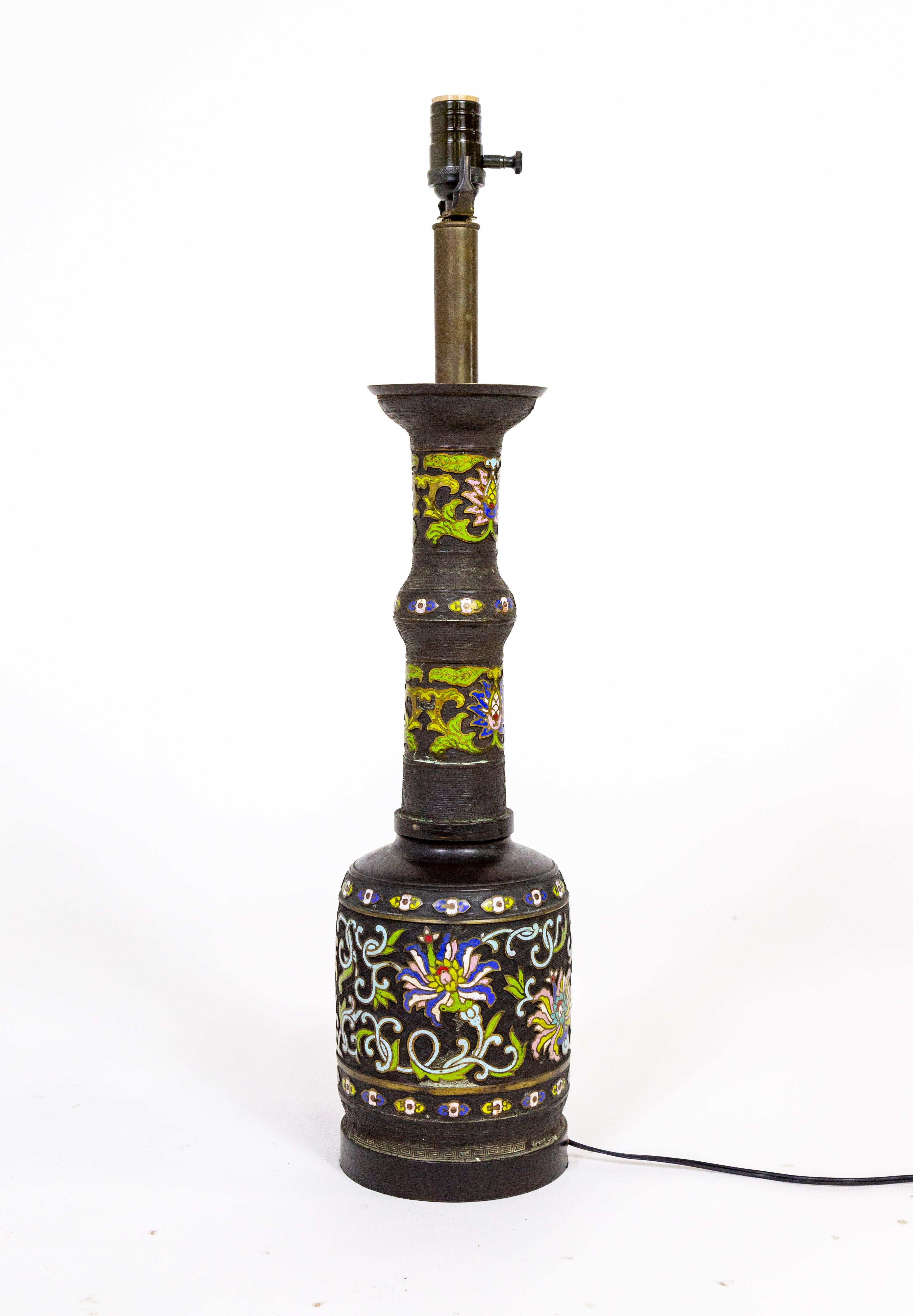 Tall Black Champleve Enamel Bronze Lamp W/ Polychrome Flower Design For Sale 2