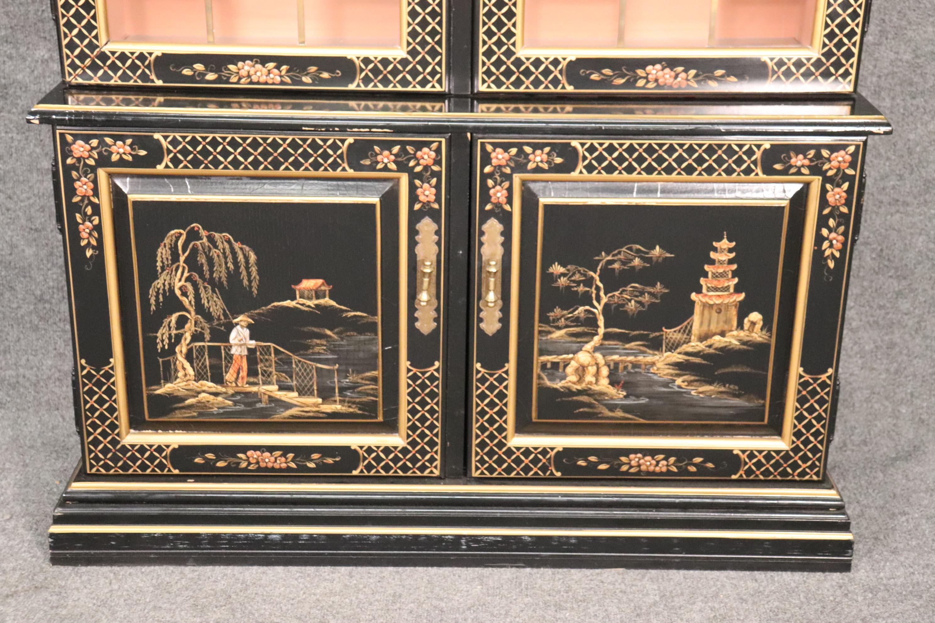 Tall Black Chinoiserie Paint Decorated China Cabinet Bookcase, Circa 1950 3
