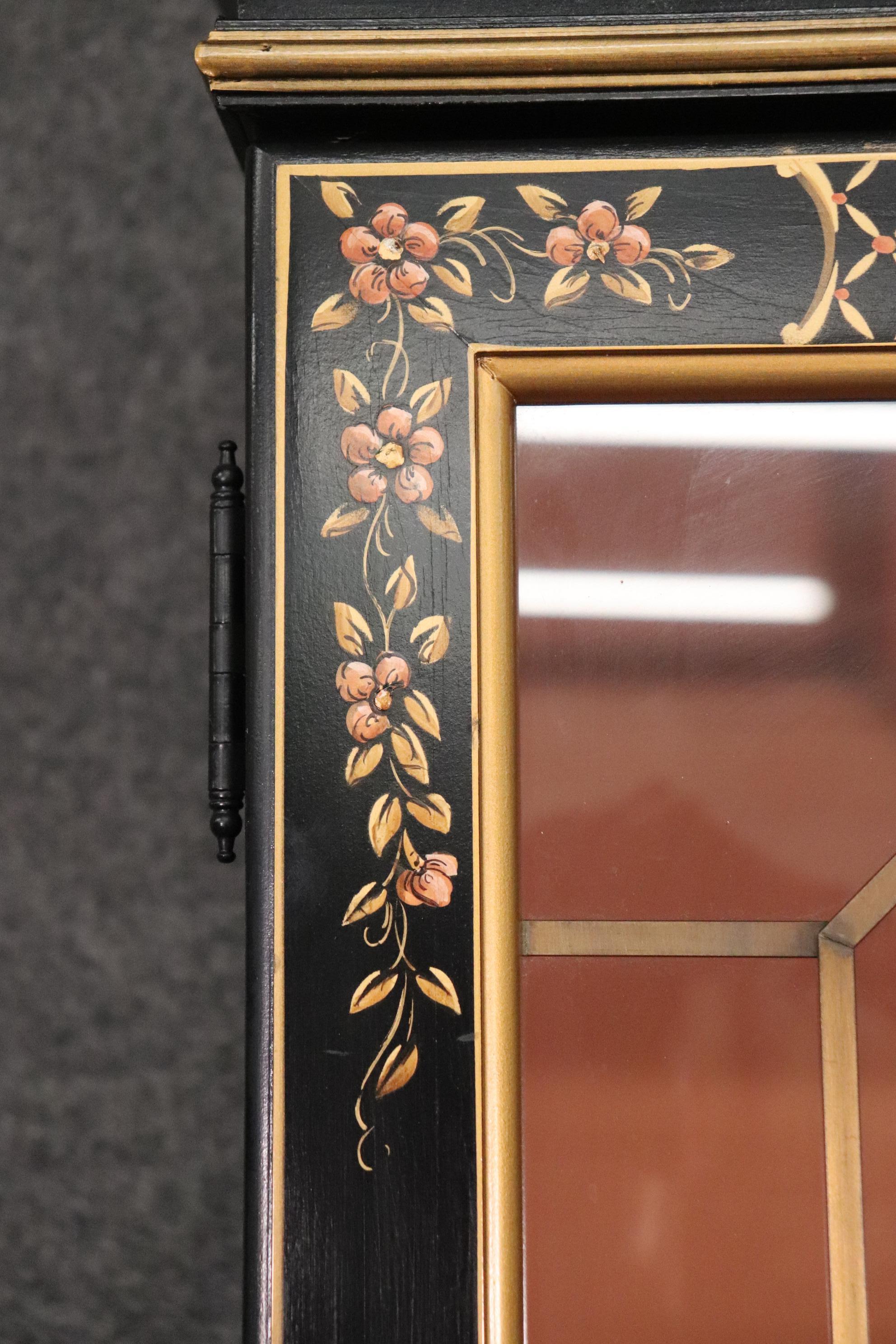 Tall Black Chinoiserie Paint Decorated China Cabinet Bookcase, Circa 1950 12