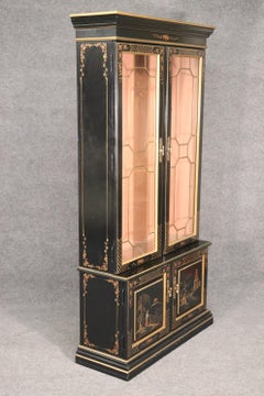 Tall Black Chinoiserie Paint Decorated China Cabinet Bookcase, Circa 1950