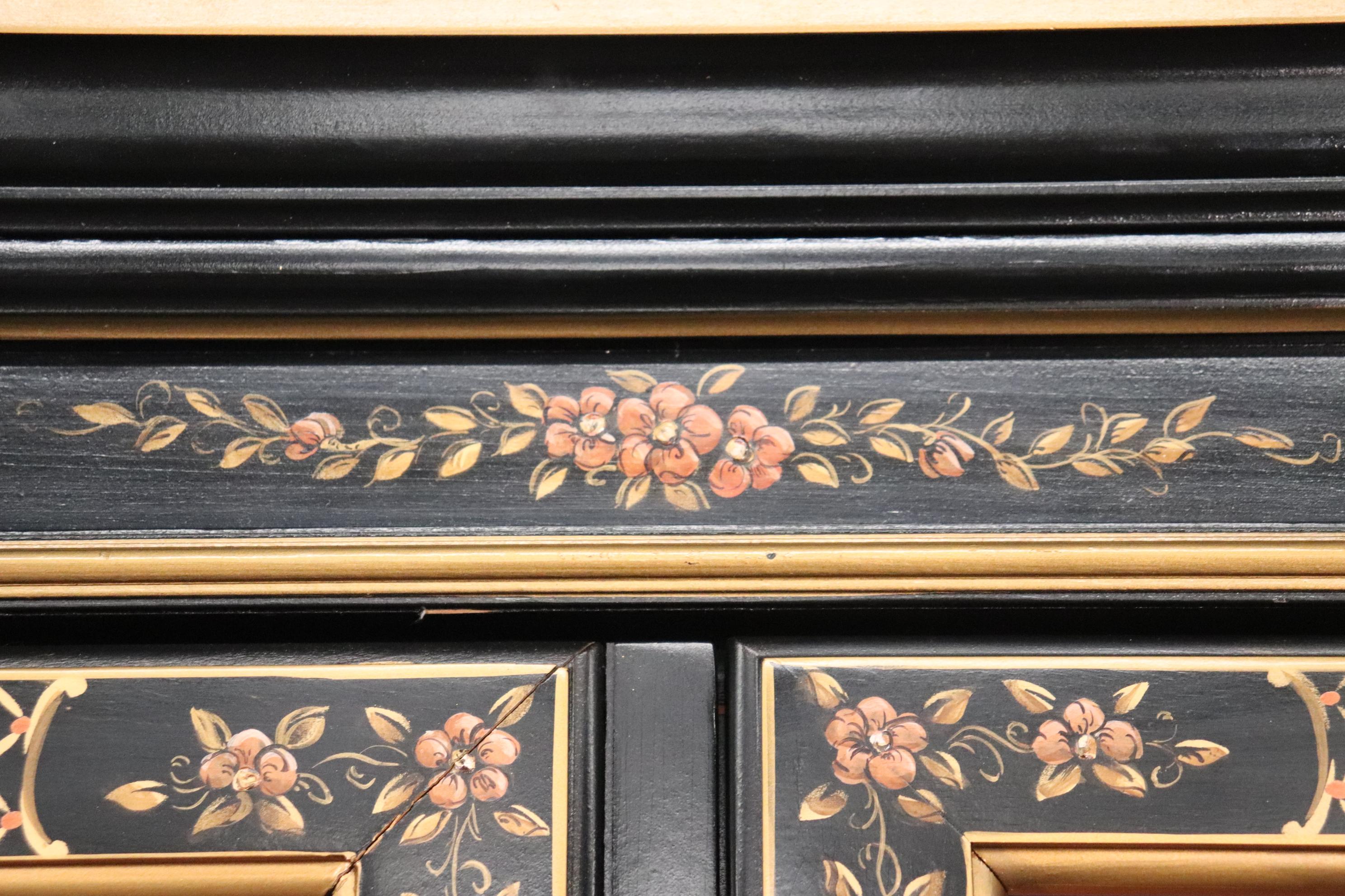 Tall Black Chinoiserie Paint Decorated China Cabinet Bookcase, Circa 1950 13