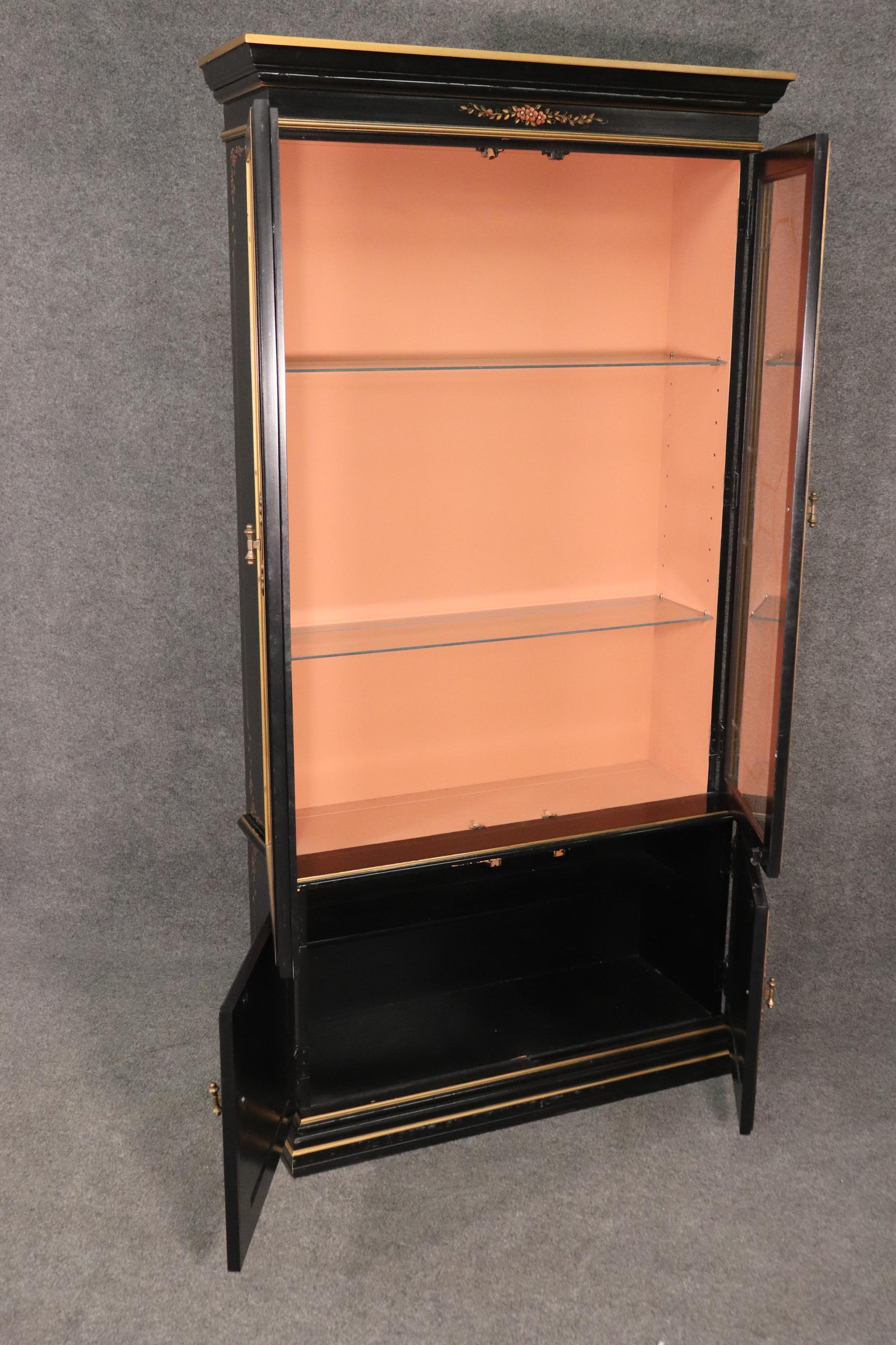 American Tall Black Chinoiserie Paint Decorated China Cabinet Bookcase, Circa 1950