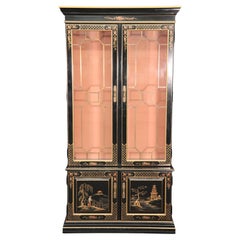 Tall Black Chinoiserie Paint Decorated China Cabinet Bookcase, Circa 1950