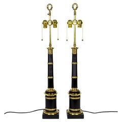 Vintage Tall Black Column Lamps w/ Brass Trim by Warren Kessler (pair)