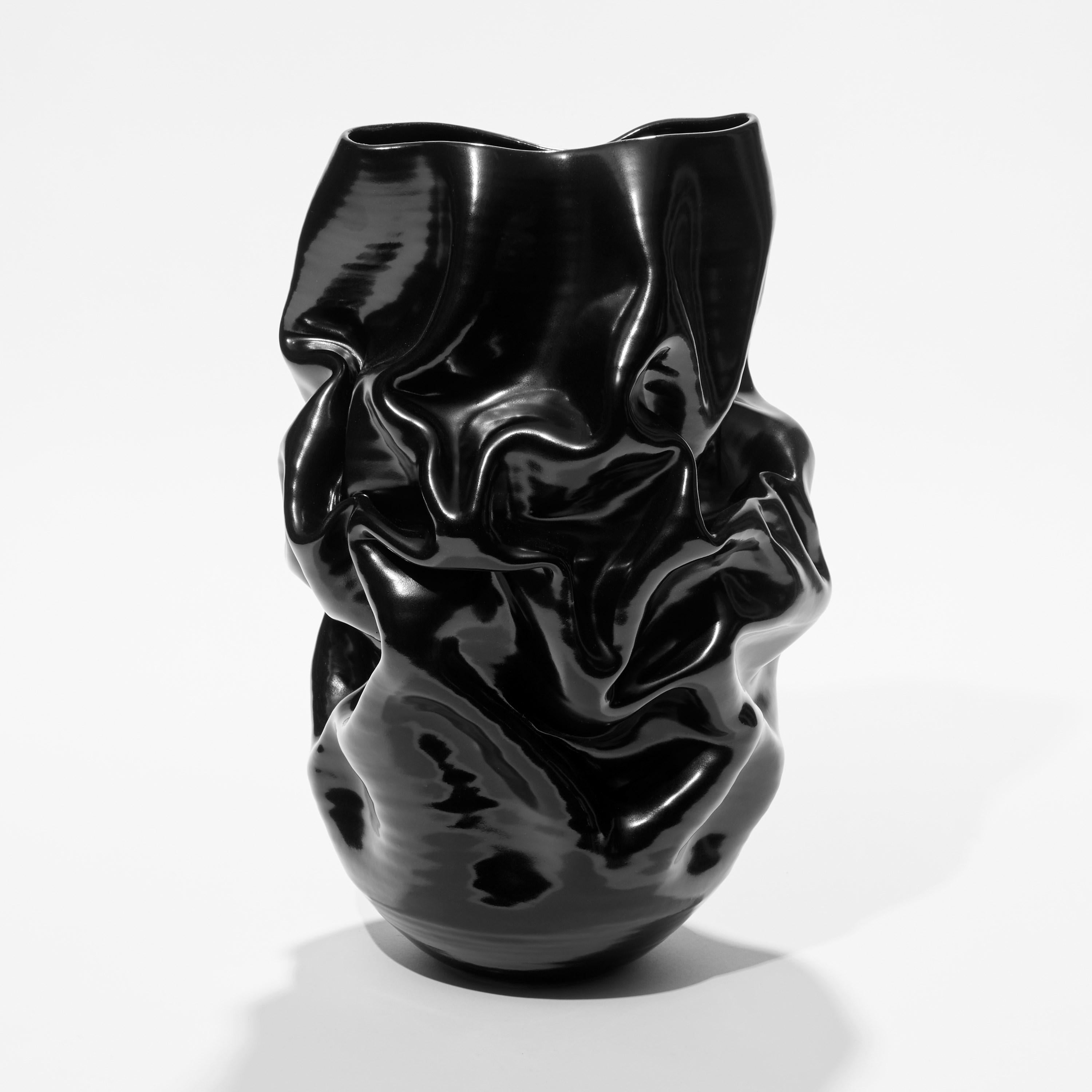 Organic Modern Tall Black Crumpled Form No 94, a Ceramic Vessel by Nicholas Arroyave-Portela For Sale