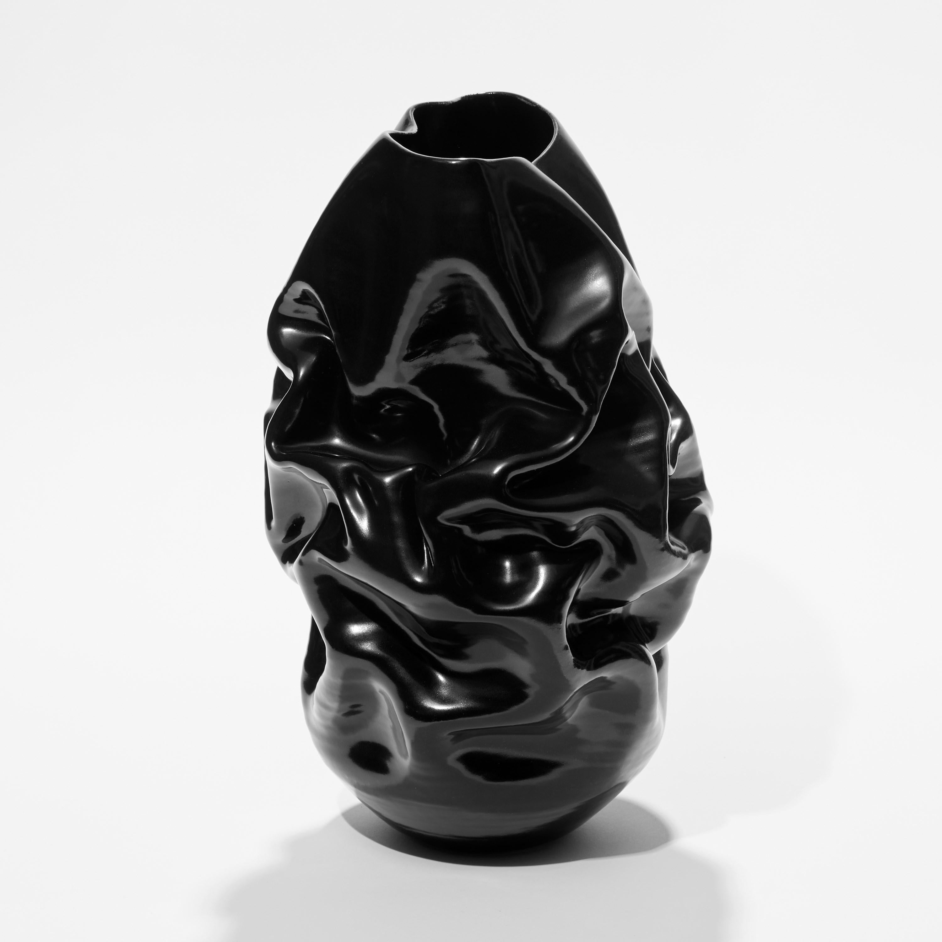Spanish Tall Black Crumpled Form No 94, a Ceramic Vessel by Nicholas Arroyave-Portela For Sale