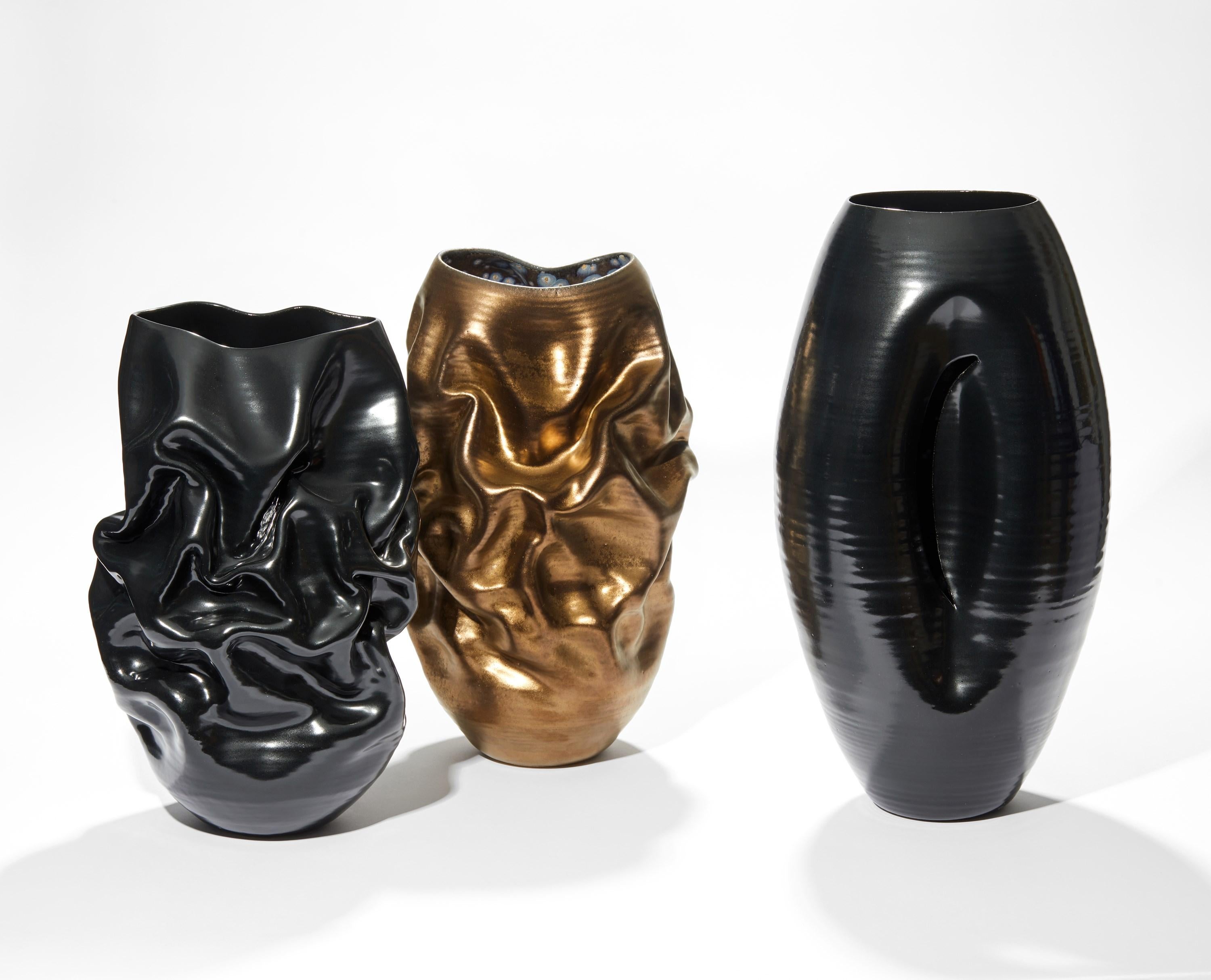 Tall Black Crumpled Form No 94, a Ceramic Vessel by Nicholas Arroyave-Portela For Sale 1