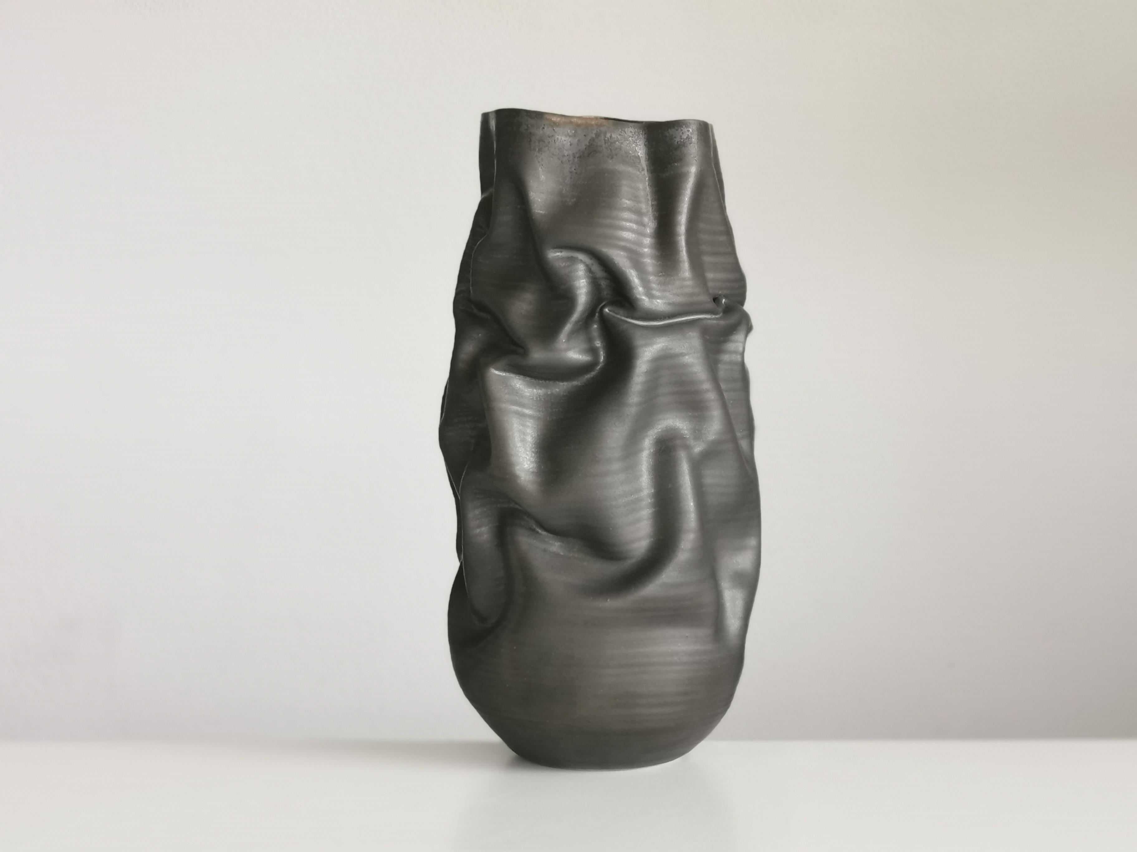 Organic Modern Tall Black Crumpled Form, Unique Ceramic Sculpture Vessel N.68