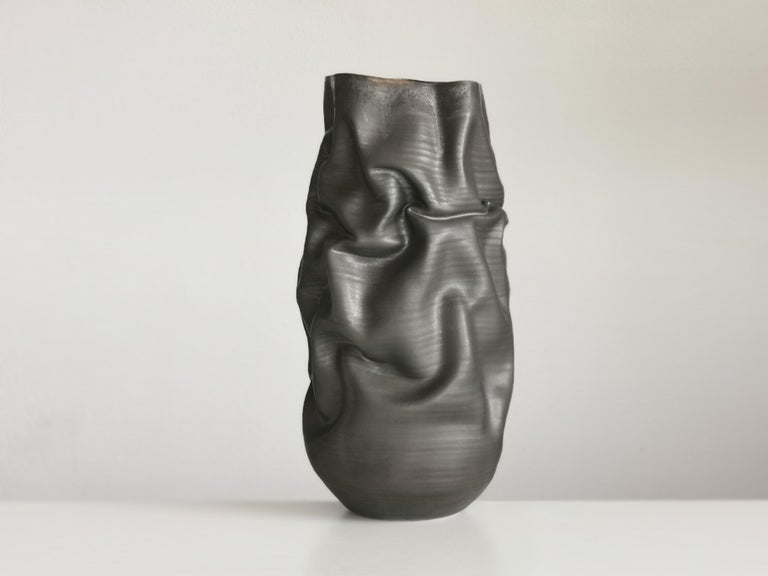 Organic Modern Tall Black Crumpled Form, Unique Ceramic Sculpture Vessel N.68 For Sale