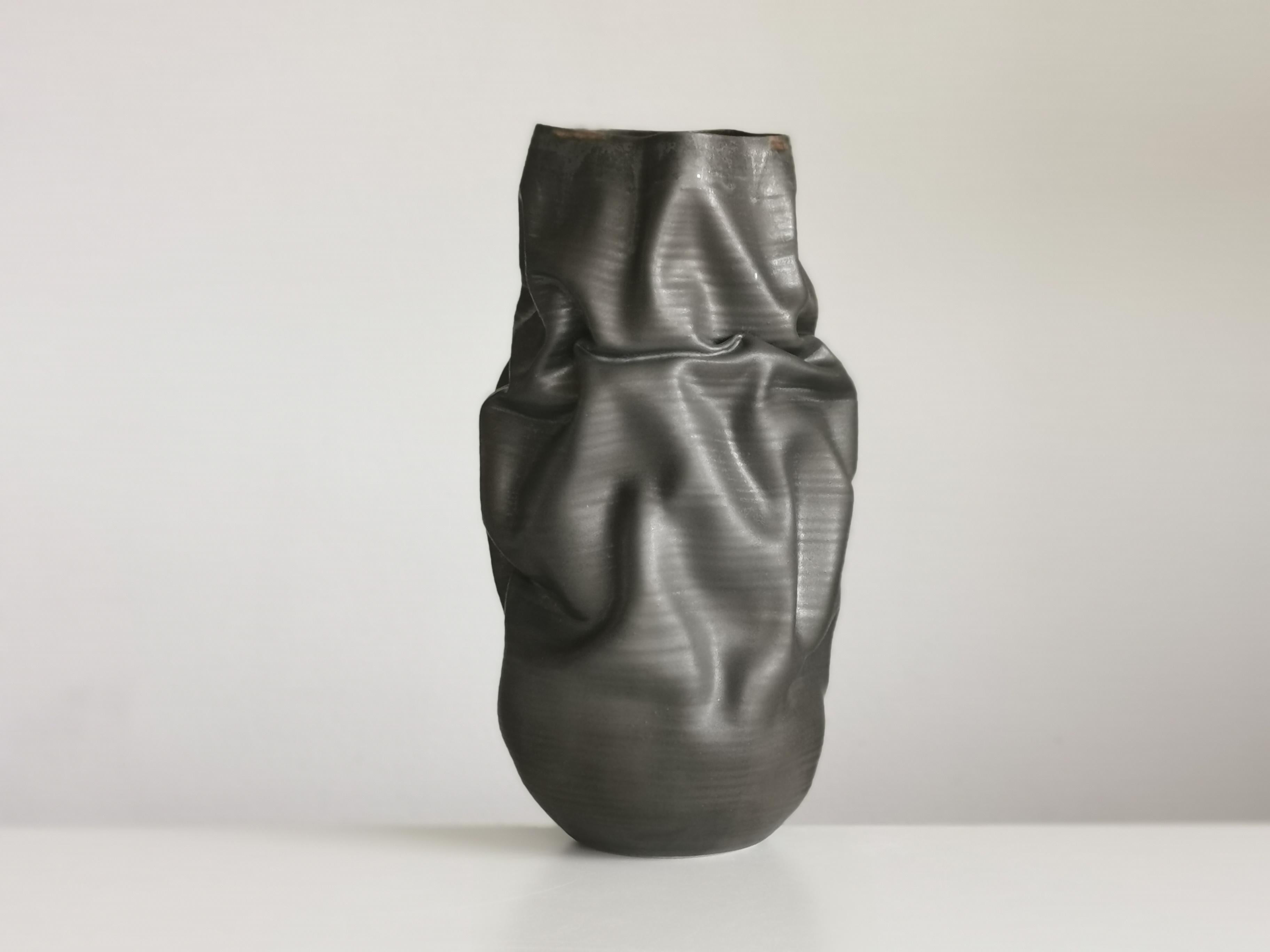 Spanish Tall Black Crumpled Form, Unique Ceramic Sculpture Vessel N.68