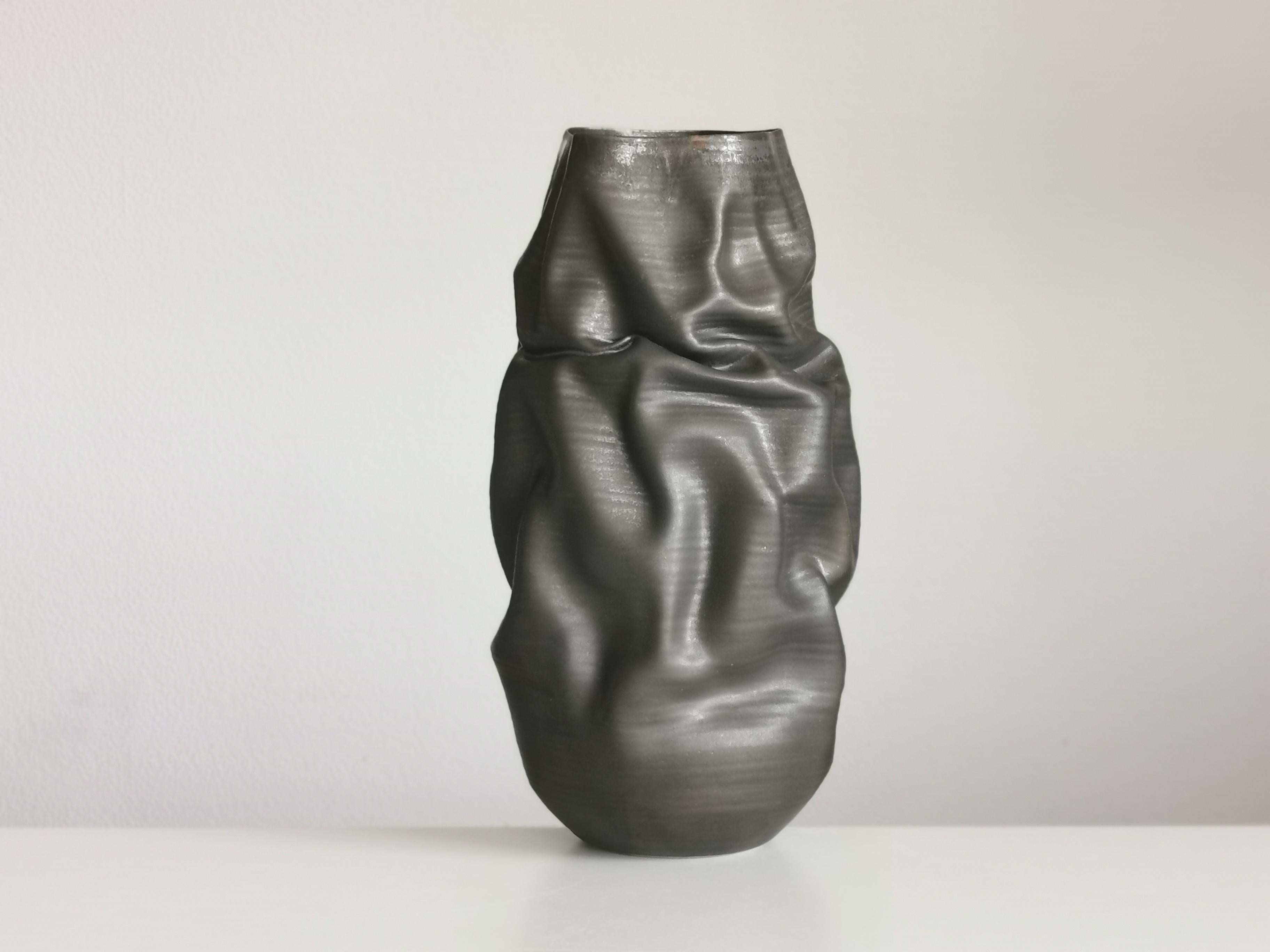 Other Tall Black Crumpled Form, Unique Ceramic Sculpture Vessel N.68
