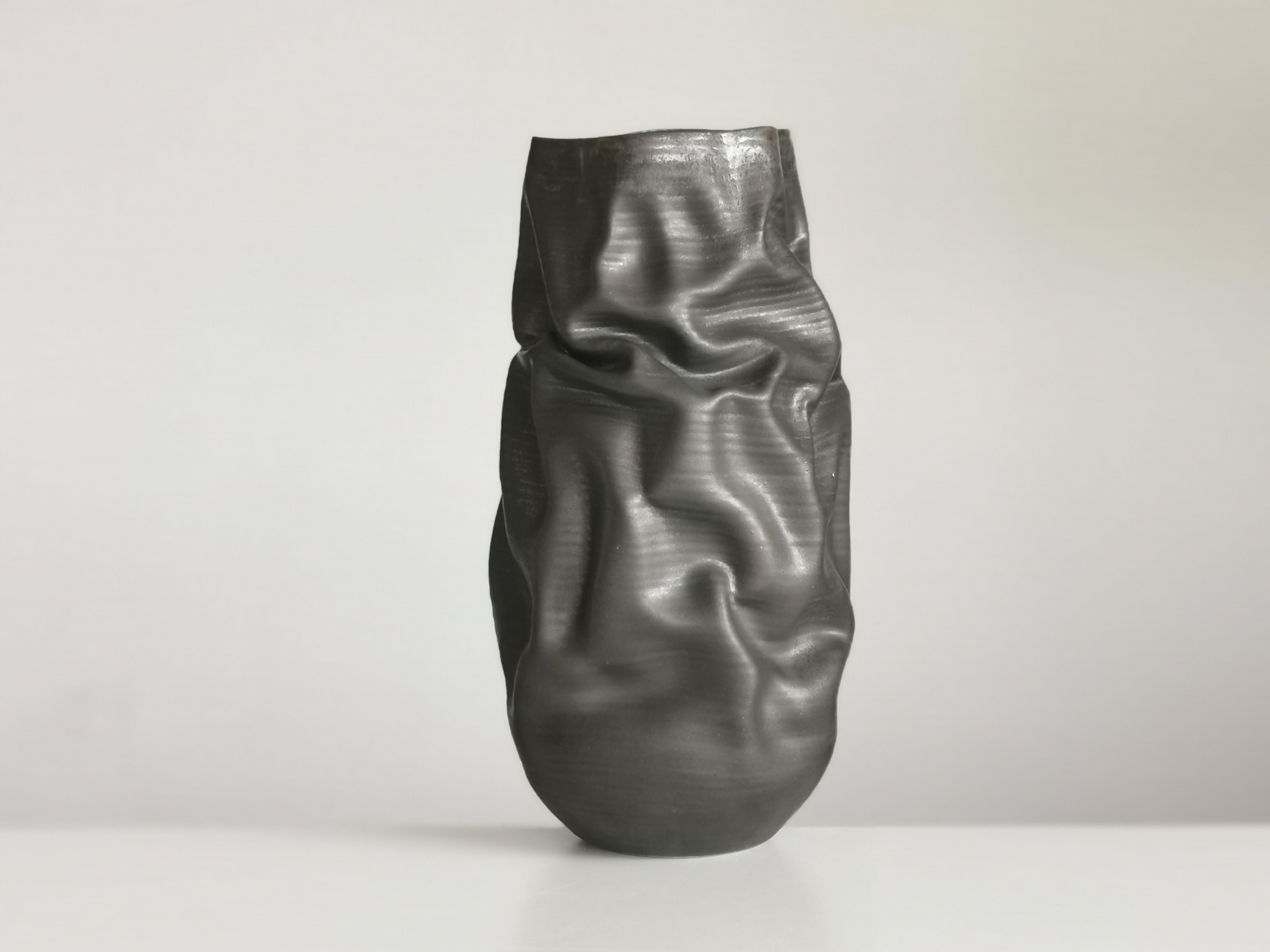 Tall Black Crumpled Form, Unique Ceramic Sculpture Vessel N.68 In New Condition In London, GB