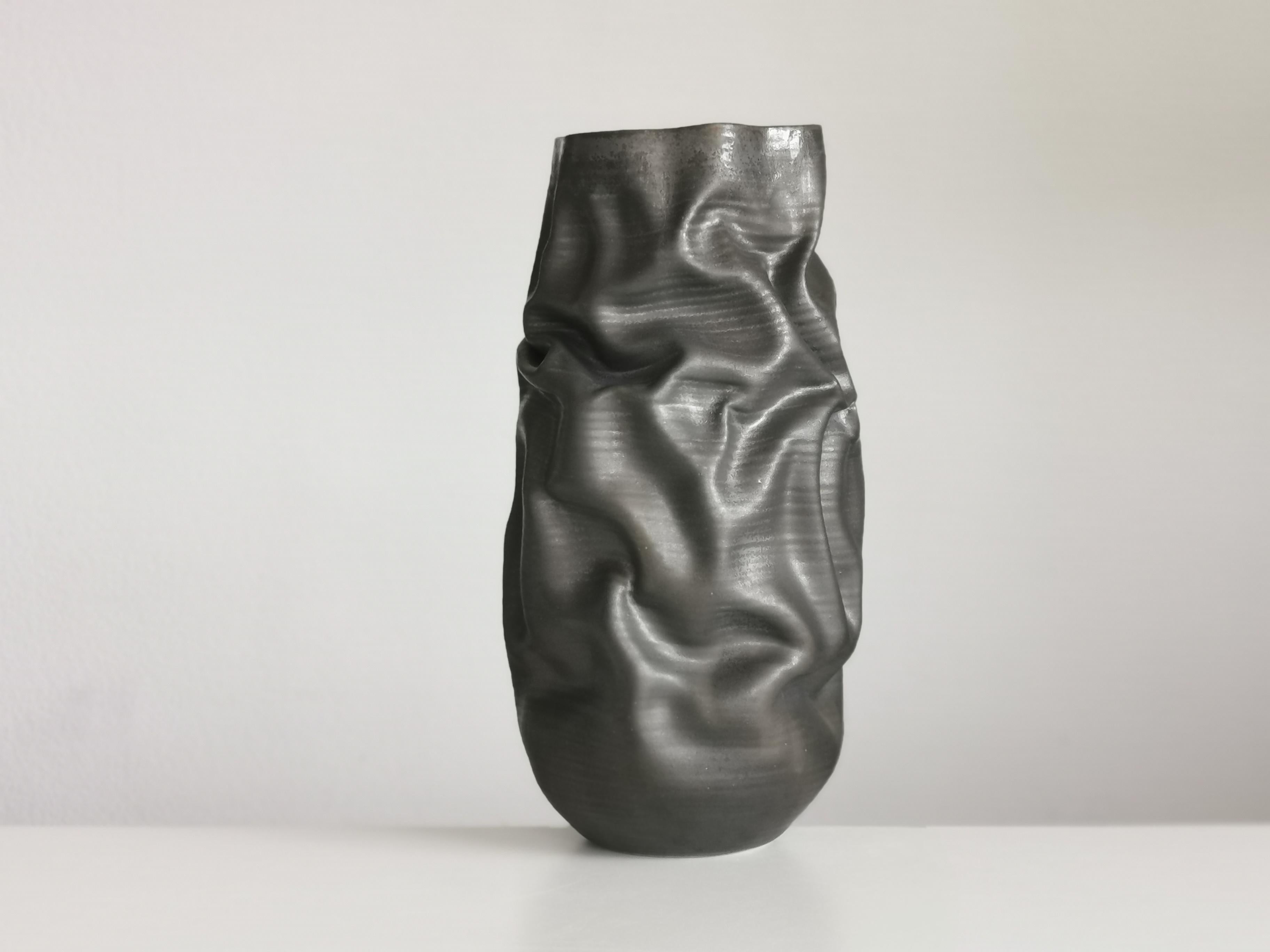 Contemporary Tall Black Crumpled Form, Unique Ceramic Sculpture Vessel N.68