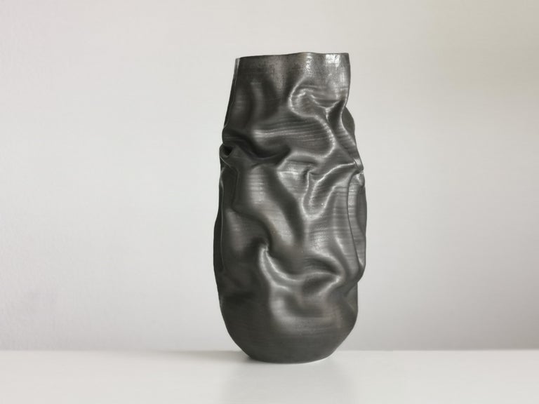 Contemporary Tall Black Crumpled Form, Unique Ceramic Sculpture Vessel N.68 For Sale