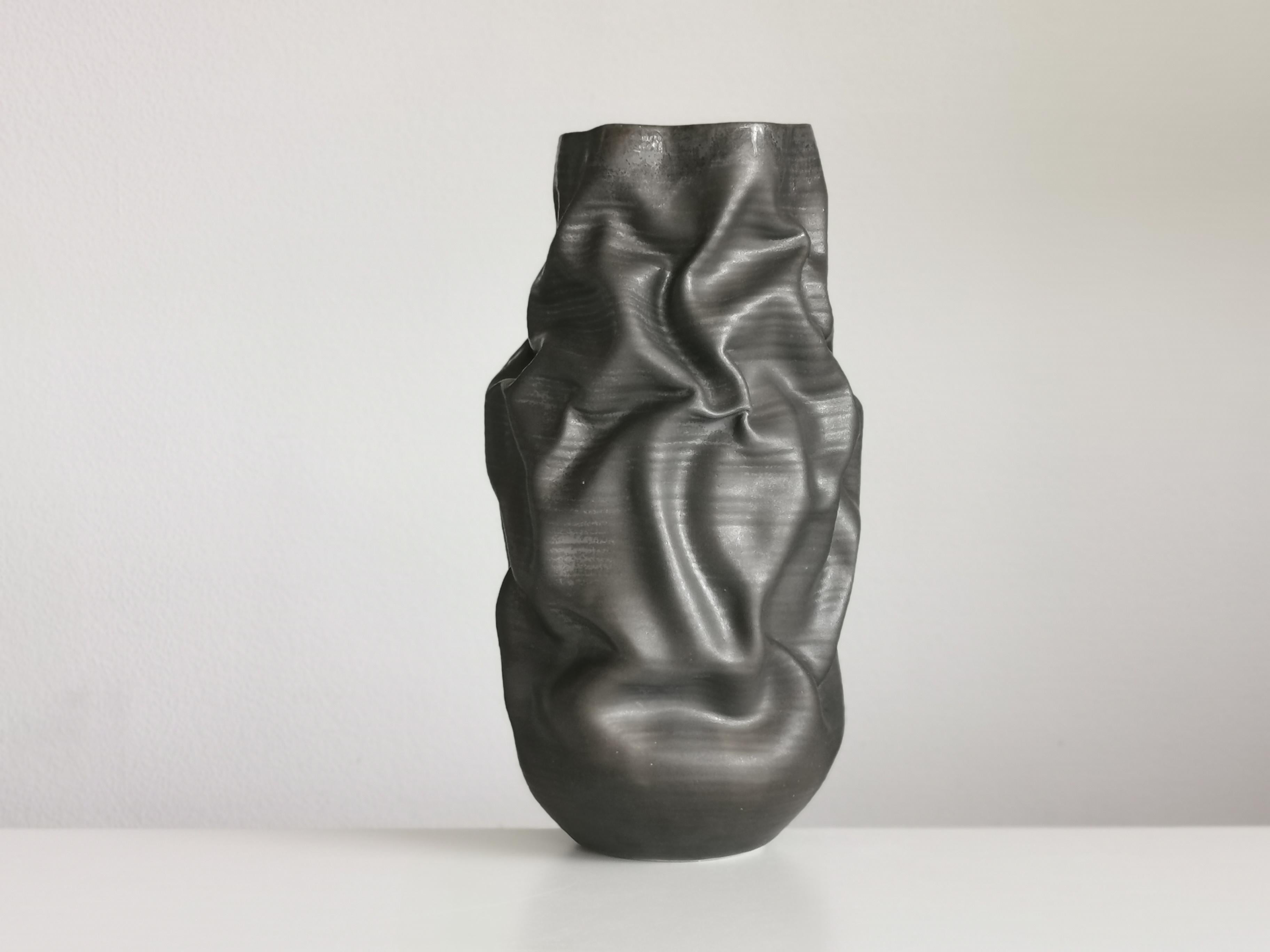 Clay Tall Black Crumpled Form, Unique Ceramic Sculpture Vessel N.68
