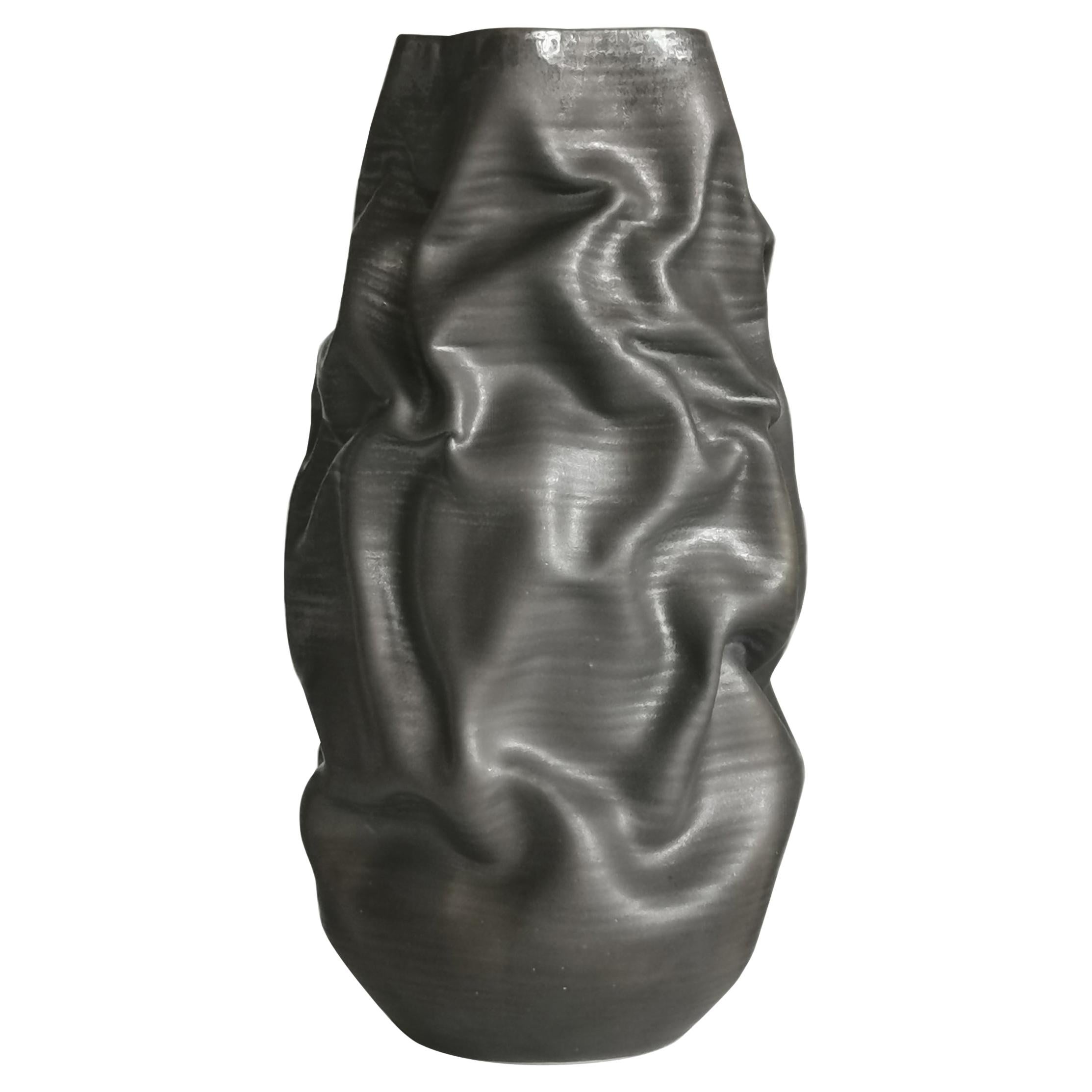 Tall Black Crumpled Form, Unique Ceramic Sculpture Vessel N.68